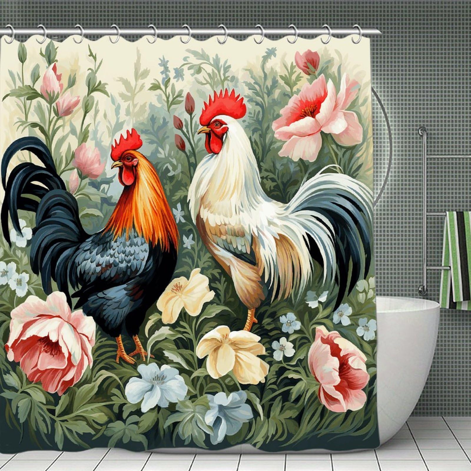 VstaDank Rooster Bath Curtain Elegant Heavy Duty Shower Curtains 70x70 in Rustic Farmhouse Cloth Shower Curtains Neutral Modern Bath Curtain for Bathroom