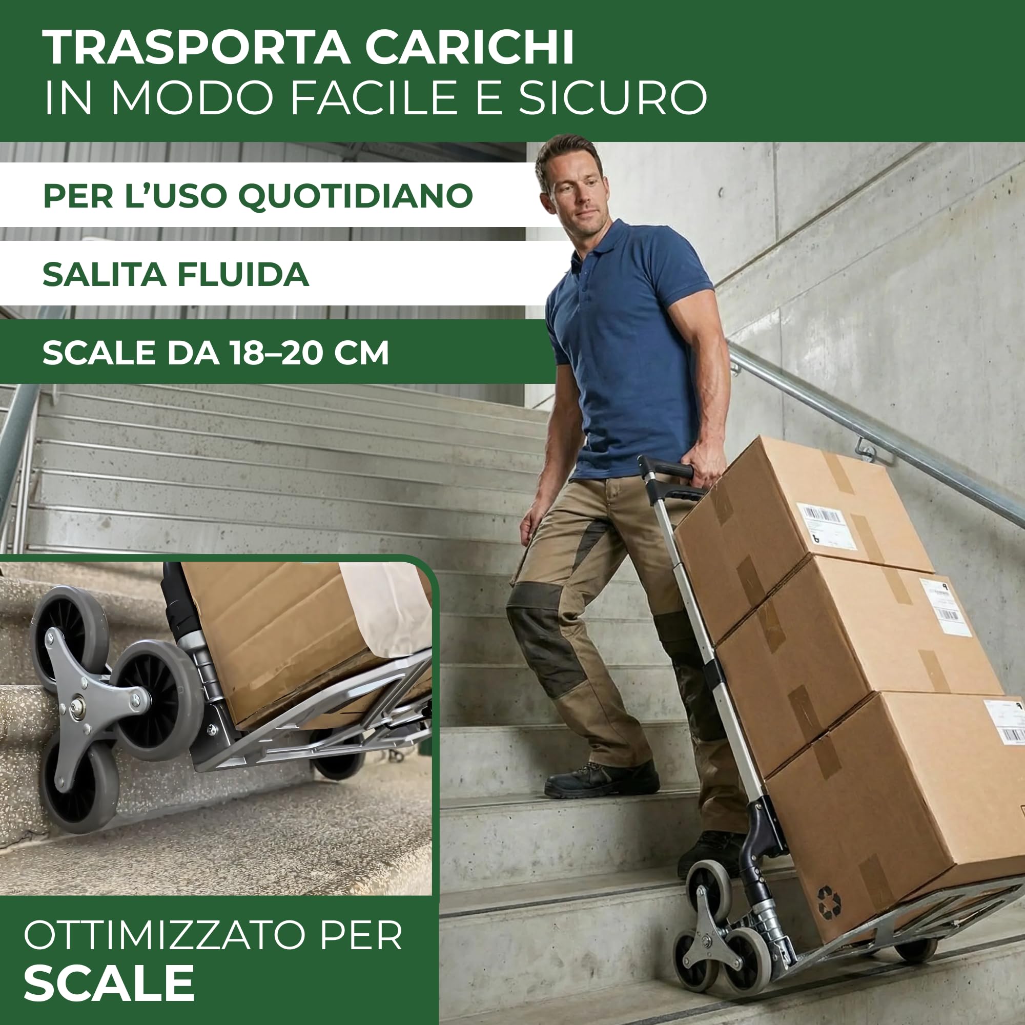 STREND PRO Carrello Saliscale 80kg | Carrello Pieghevole Per Scale con Sistema a 3 Ruote | Robusto Carrello Trasportatore per Scale & Gradini | Carrello a Mano Regolabile in Altezza & Compatto
