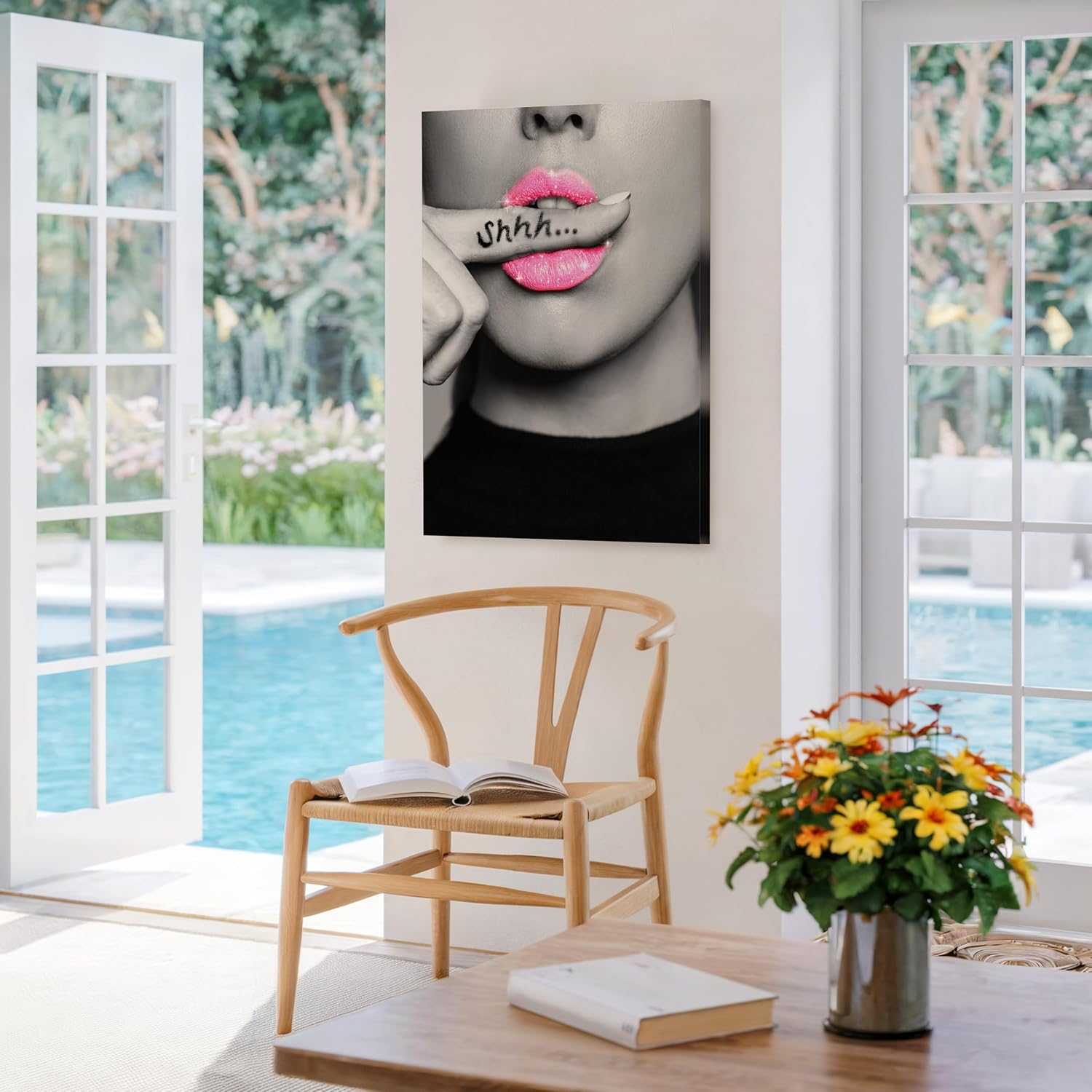 Poster Master Biting Finger Canvas - Pink Lips Print - Fashion Art - Gift for Men, Women & Fashionista - Minimal Decor for Living Room or Office - 8x10 STRETCHED Canvas