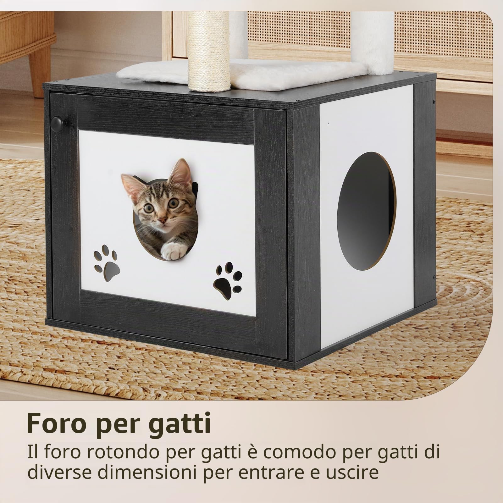 MAMIZO Tiragraffi con armadietto per gatti, 2 in 1, nido rimovibile per gatti in peluche, altezza 119 cm, lavabile, cuscini in peluche, mobili per gatti, tiragraffi in legno, tronchi in sisal, amaca