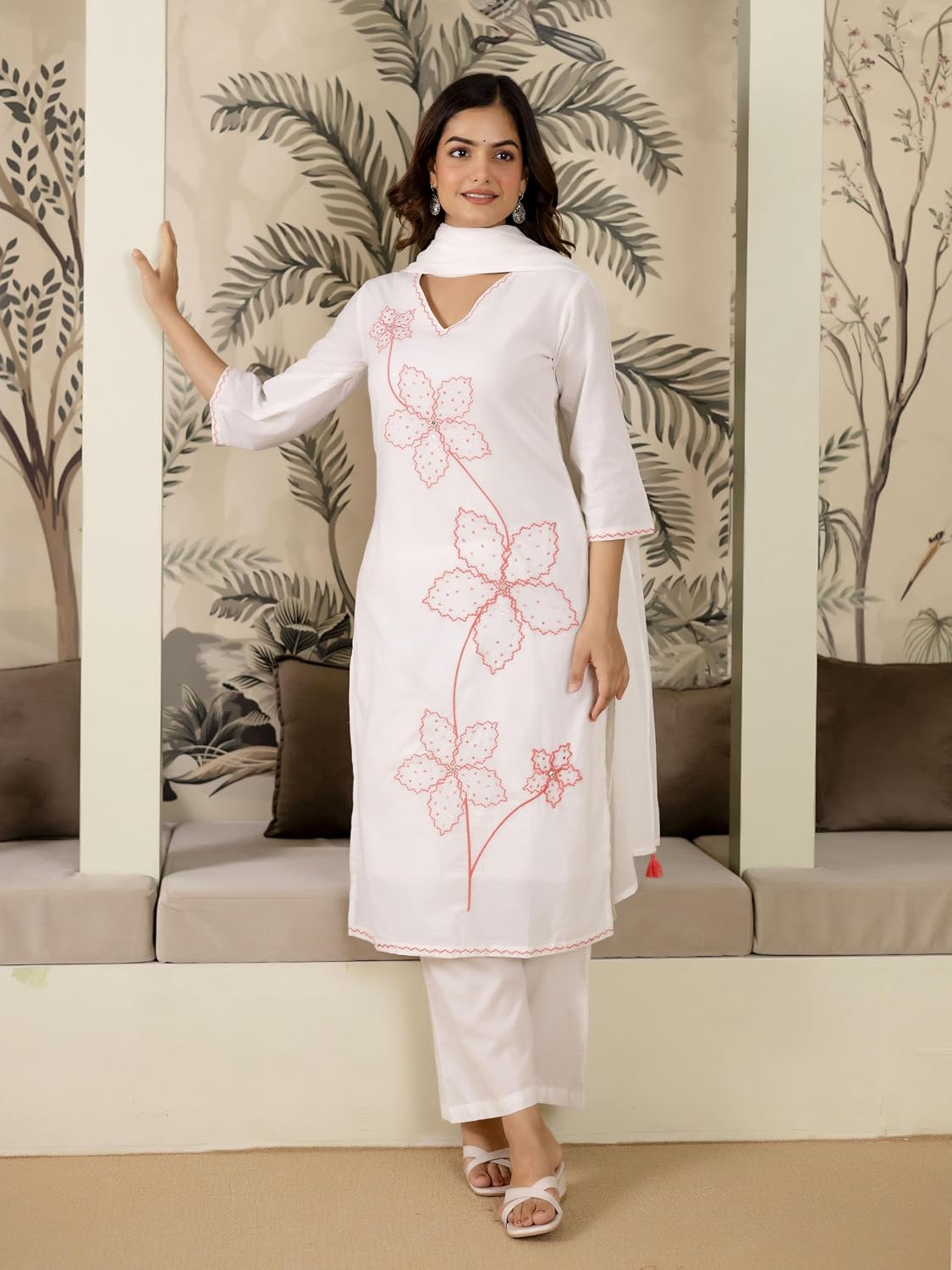 TRENDMALLS Women’s Pure Cotton Floral Embroidery Kurta Pant with Dupatta Set