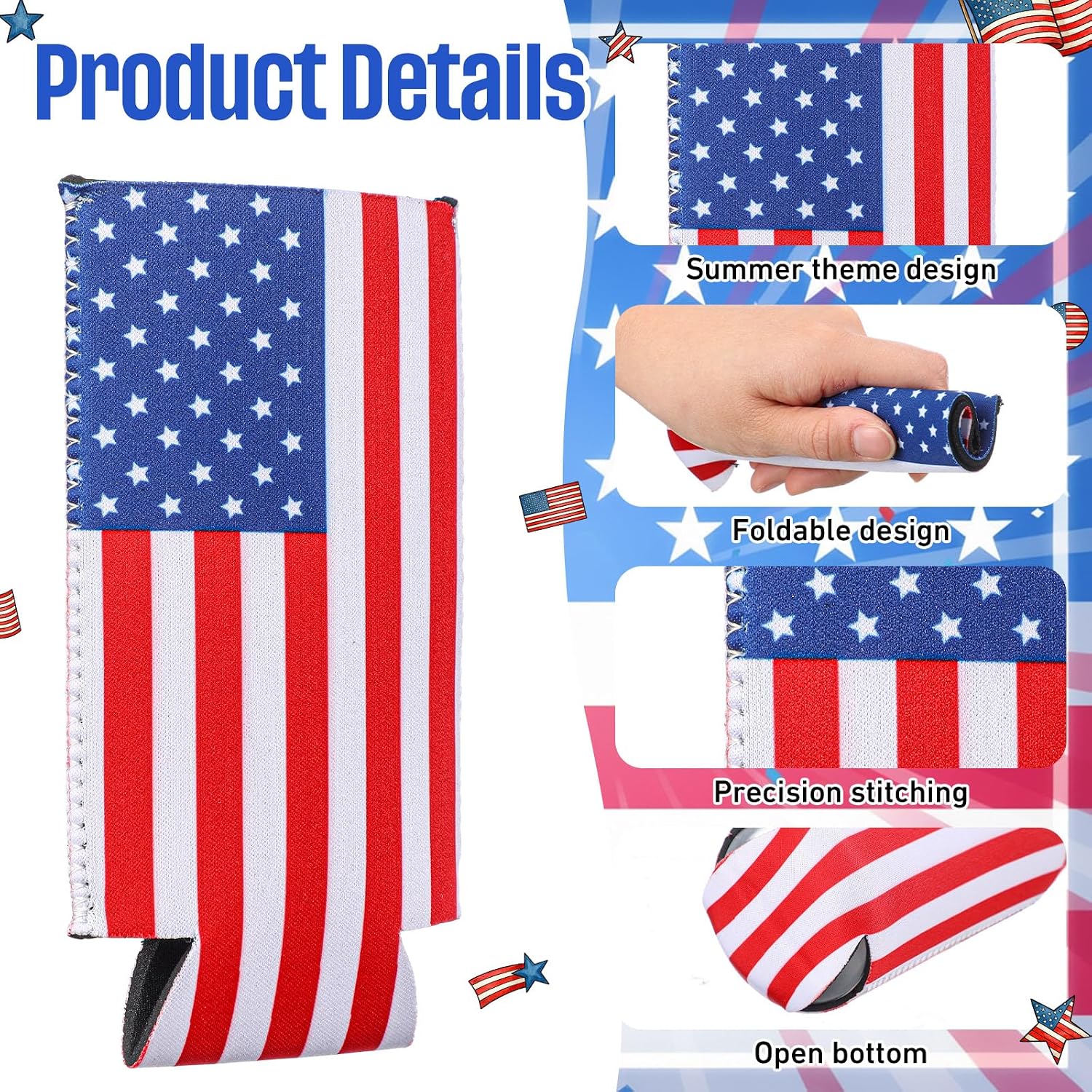 150 Pack Slim Can Cooler Sleeves 12 oz Beer Energy Drink Skinny Tall Cans Sleeves Bulk Neoprene Sublimation Bottles Coolers Insulated Covers for Drinks(Red White Blue, American Flag)