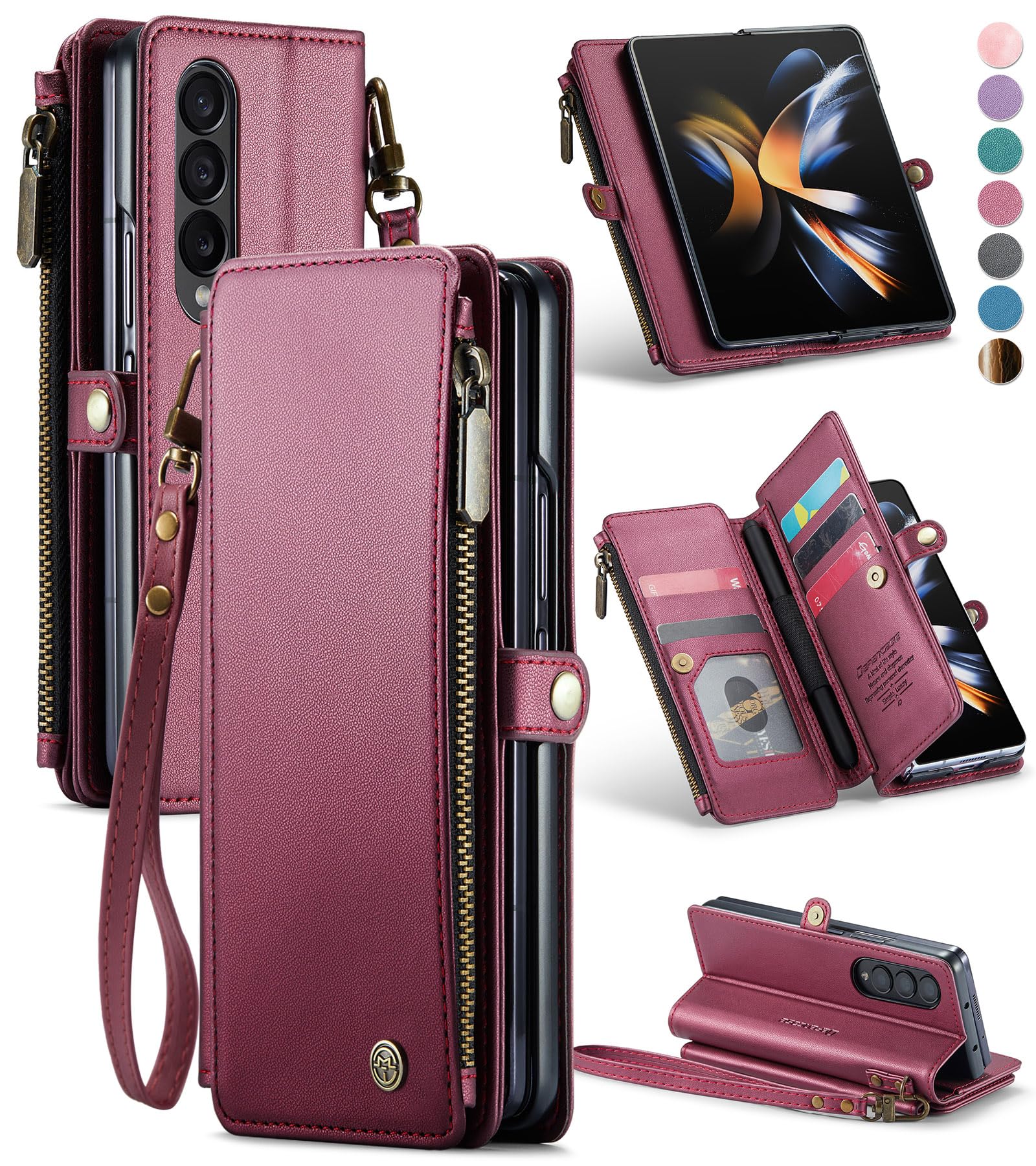 Defencase Z Fold 4 Case, for Galaxy Z Fold 4 Case with S Pen Holder, RFID Blocking for Samsung Galaxy Z Fold 4 Wallet Case for Women and Men with Card Holder Zipper Strap PU Leather Flip, Wine Red
