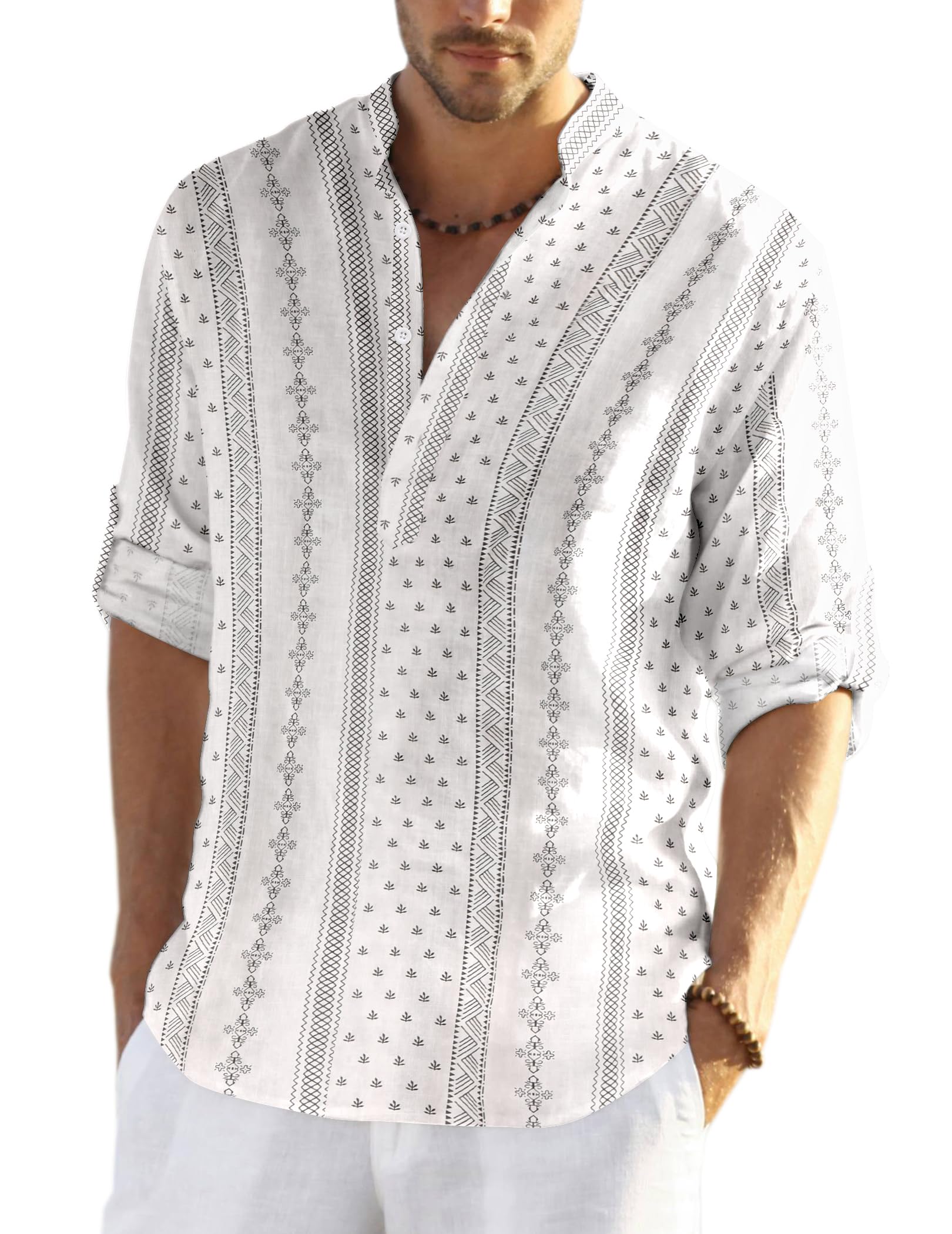 COOFANDY Men's Cotton Henley Shirt Long Sleeve Hippie Casual Beach T-Shirts Printed Tops
