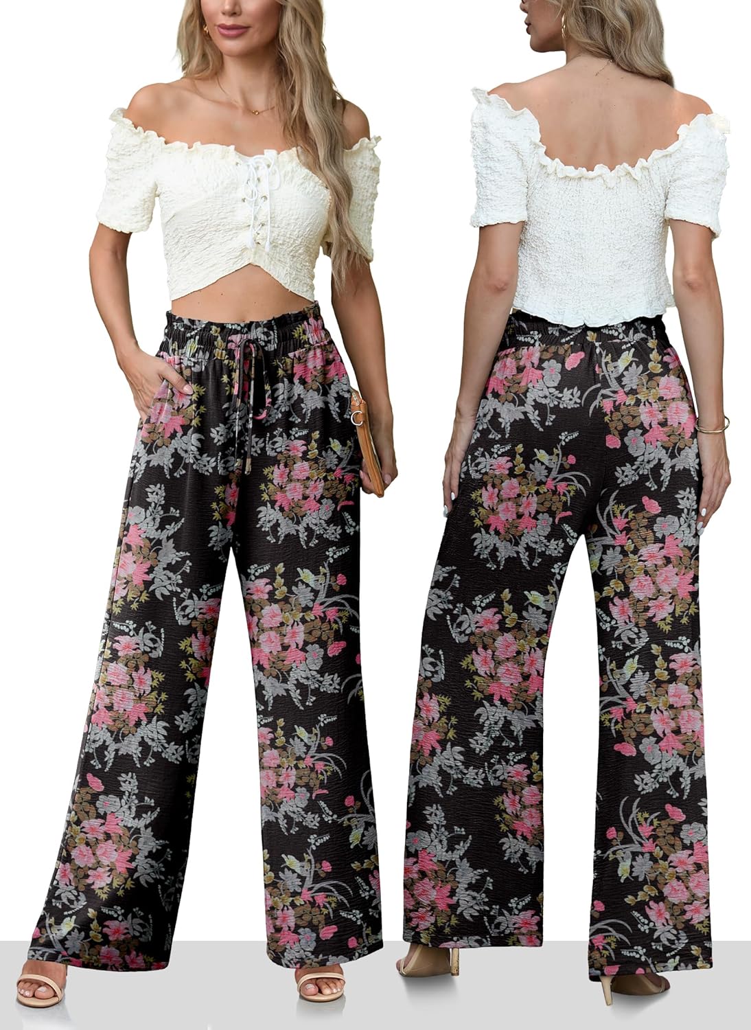 Women's High Waisted Wide Leg Pants Flowy Palazzo Pants Work Casual Tie Knot Pants with Pockets - Image 3