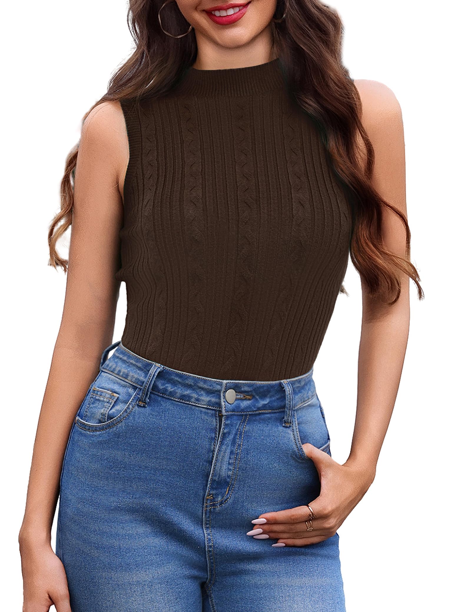 Aottori Damen Rollkragenshirt Ärmellos Top Stehkragen Slim Fit Stricktop Gerippt Elegant Basic Tanktop Stretch Einfarbig für Büro Freizeit Alltag