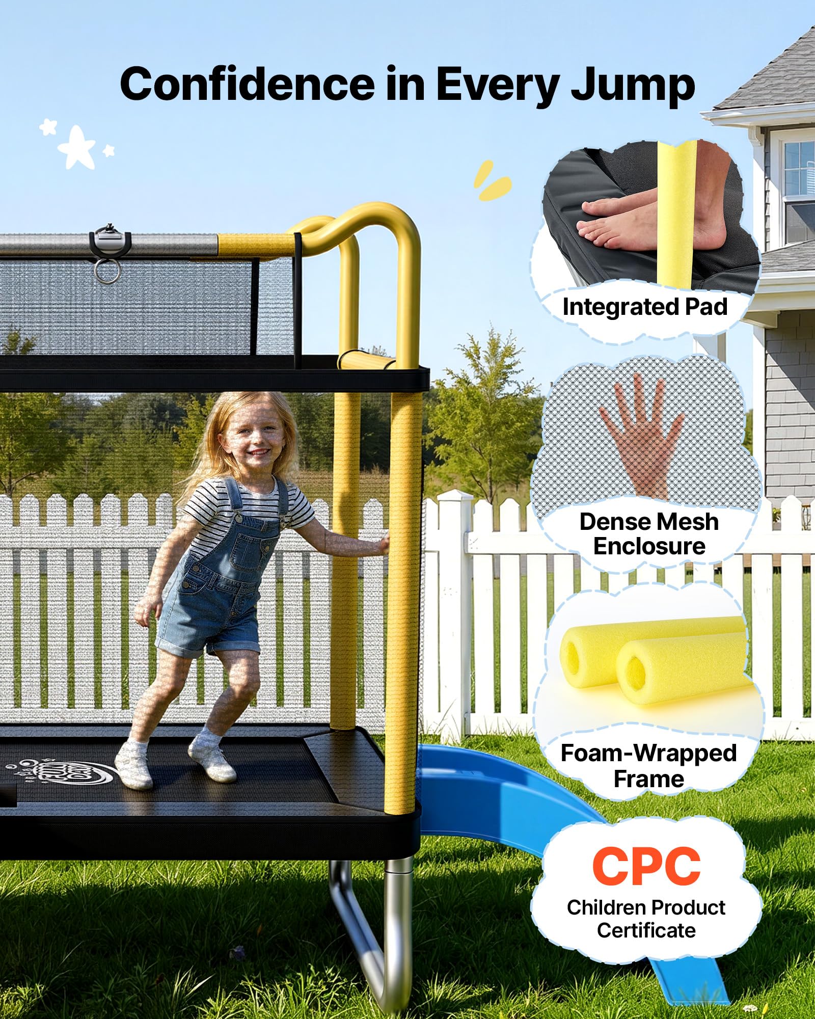 VEVOR Trampolín Infantil Cama Elástica para Niños Rectangular Carga 60 kg, con Red de Seguridad, Toboganes y Aro de Baloncesto, Marco de Tubos Galvanizados, Lona de Salto de PP, Regalo de Cumpleaños