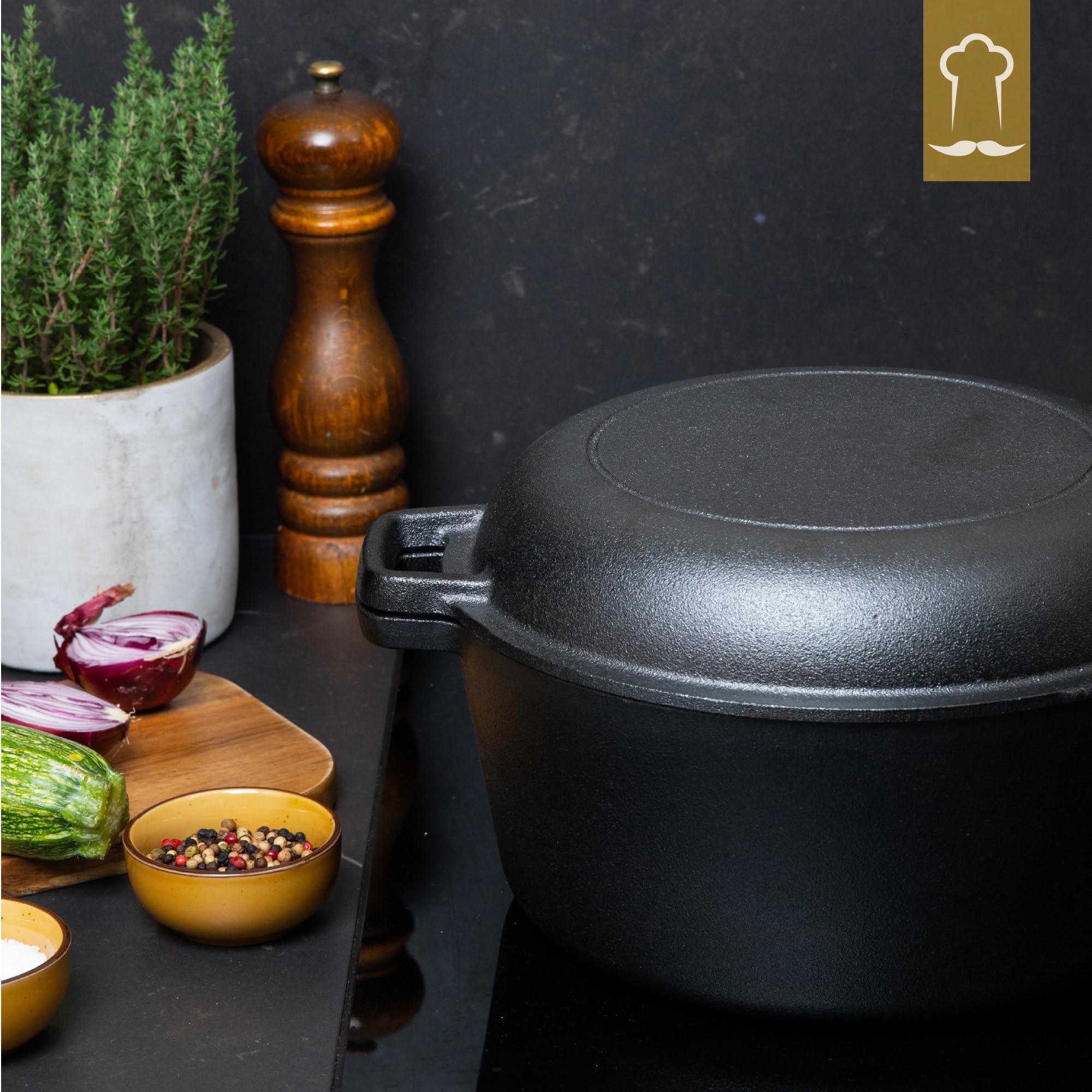 Chefarone Cocotte 2 en 1 avec un panier de fermentation - Marmite en fonte de 26 cm avec couvercle de 4,6 l compatible induction - Marmite en fonte avec double fonction pratique