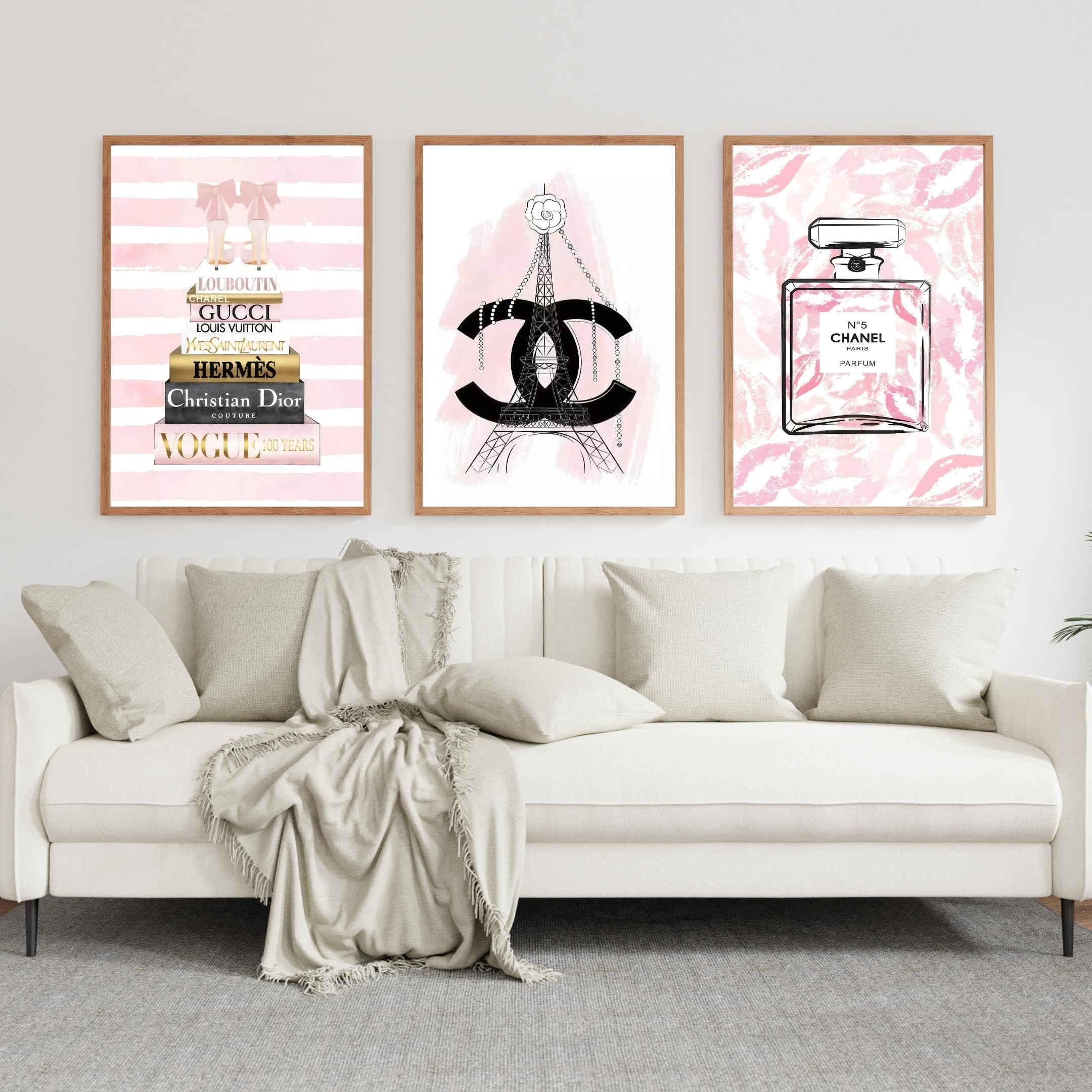 Set of 3 - Mixed Brands No5 Perfume Prints, Pink Fashion Wall Art Posters Designer Bag Shoes Book Makeup Poster Gallery Art Picture Home Decor- A3, A4 frame options (A4 - Set of 3 - Print only)