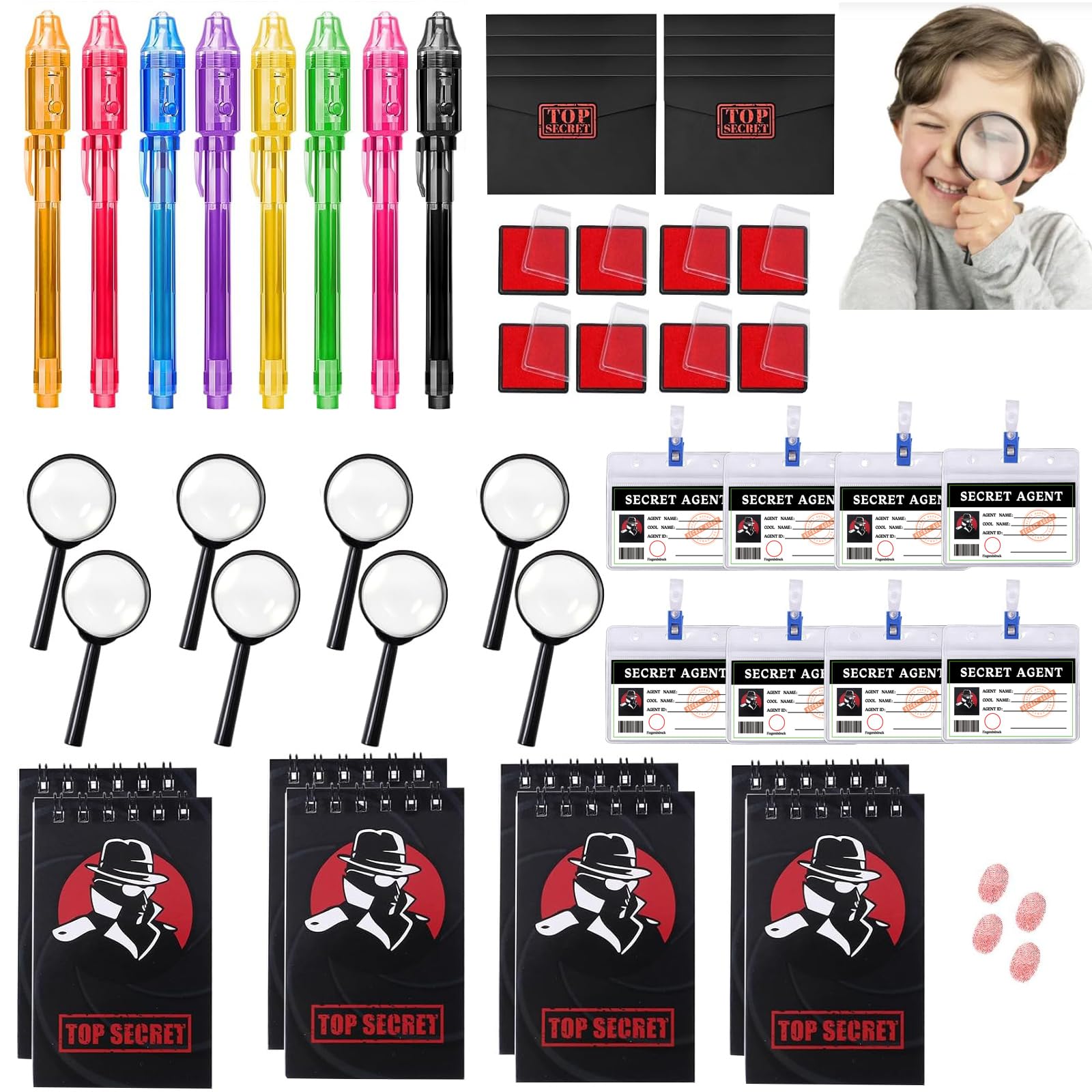 48 Pezzi Bambini Giocattolo Detective, Kit Spionaggio Gioco Detective per Bambini， con penna UV, taccuino, lente d'ingrandimento giocattolo, carte d'identità con clip, tampone per impronte digitali