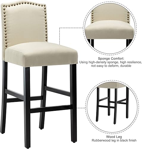 Miniatura 4 de LSSPAID Juego de 2 taburetes de bar, sillas de bar de isla de cocina de 28.5 pulgadas, taburete de bar de tela con cabeza de clavo, taburetes de bar