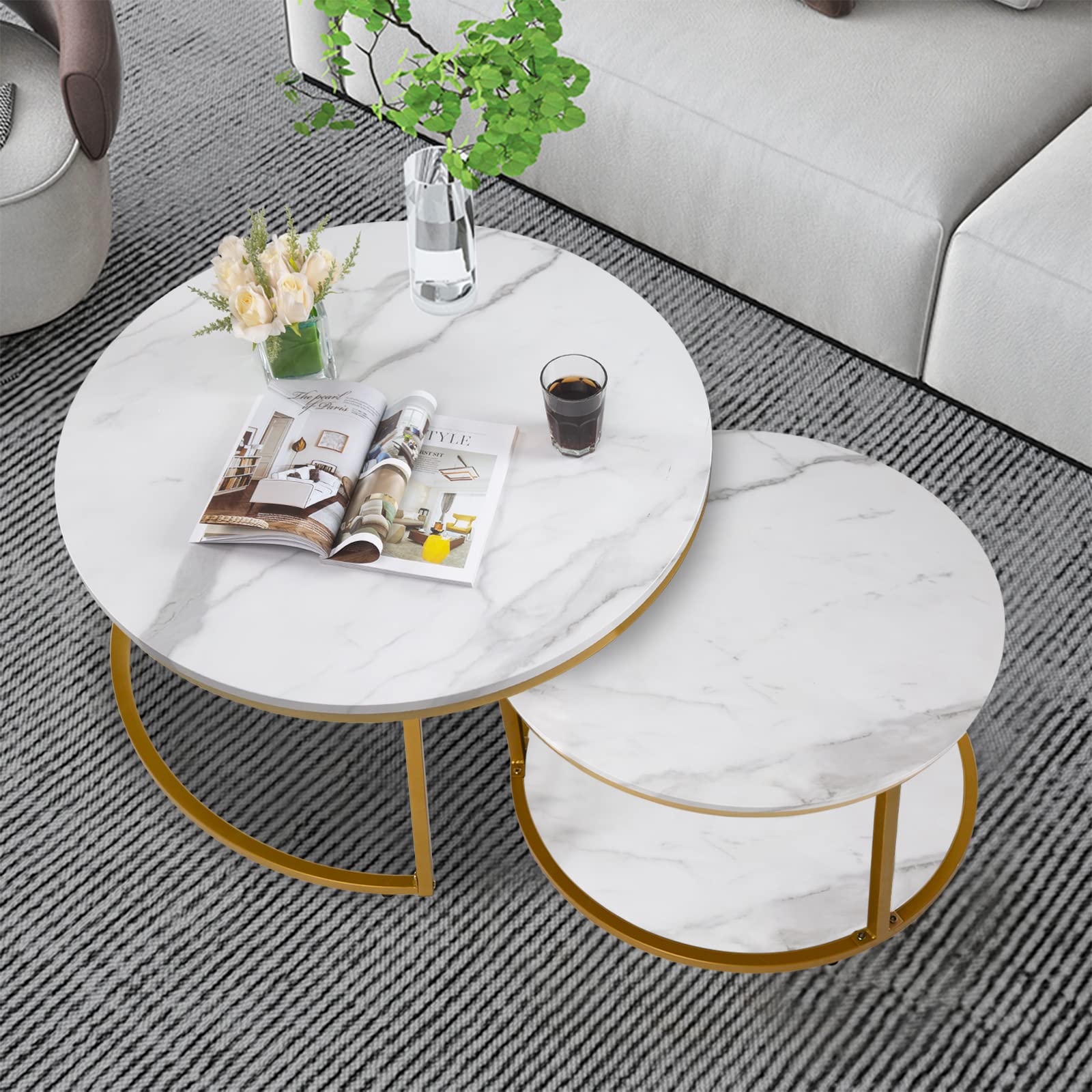 NSdirect Nesting Coffee Table Set of 2,Round Coffee Tables Modern Circle Table for Living Room Accent End Side Table with Storage Open Shelf Faux Marble Wood Top &amp; Gold Sturdy Metal Frame,White