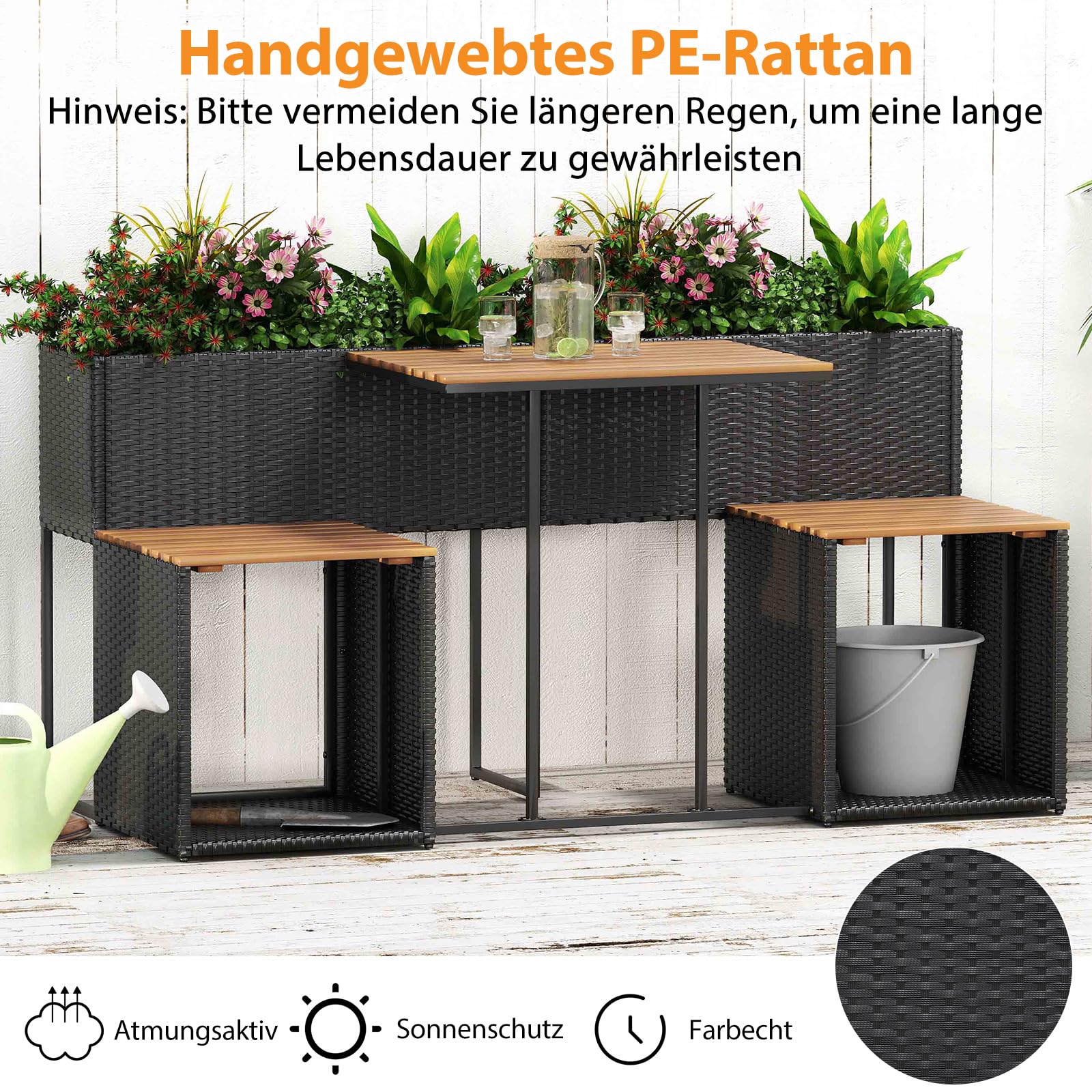 COSTWAY Gartenmöbel Set mit Hochbeet (Schwarz) | Kräuterbeet mit integrierten Stühlen, Balkonset, Balkonmöbel, Sitzgarnitur, Sitzgruppe für Garten, Balkon, Terrasse