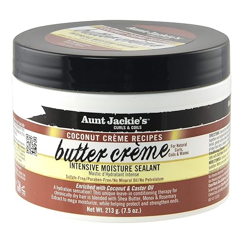 Aunt Jackie's Crème Recipes Crema de mantequilla, sellador intensivo de humedad para el cabello, tratamiento de humedad ligero sin enjuague, coco,