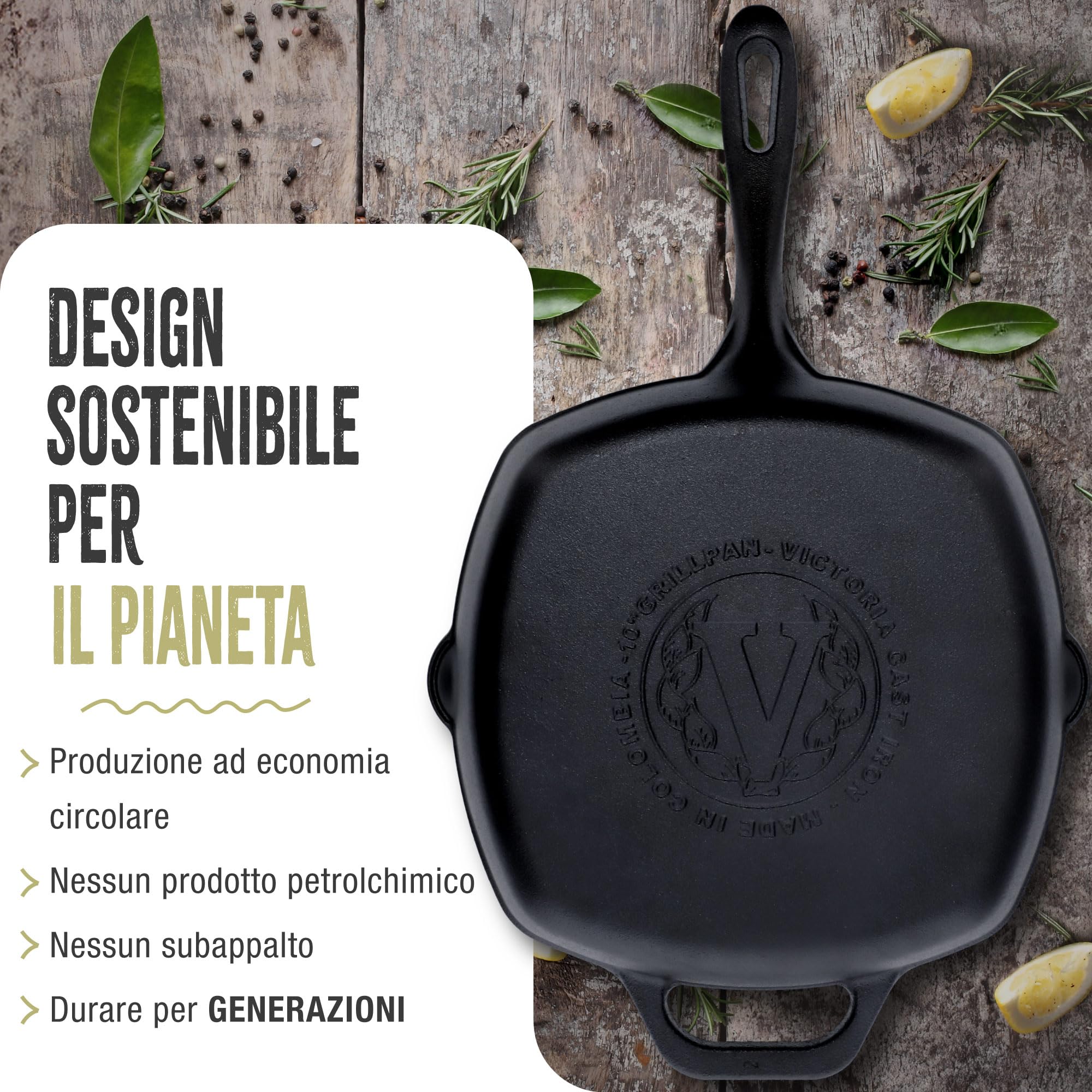 VICTORIA Padella Bistecchiera in Ghisa Smaltata Induzione da 25x25 cm, Adatta per, Fuoco, Barbecue, Forno, Vetroceramica e Gas, Cast Iron Skillet Senza Sostanze Tossiche, Senza PTFE e PFOA
