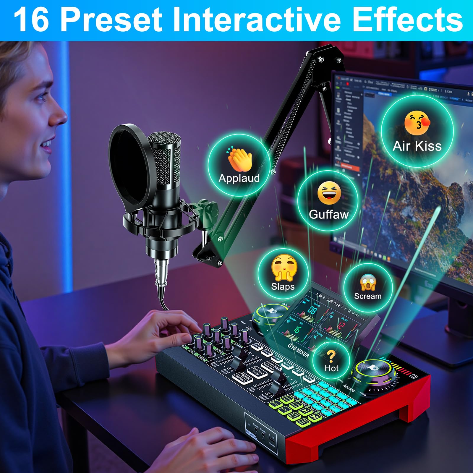 Podcast Equipment Bundle with 3.5mm P15 Condenser Microphone for Pc/Phone Live Streaming Singing Gaming, Podcast Microphone Bundle with Live Sound Board Audio Mixer,Voice Changer, Denoise,DJ Sets