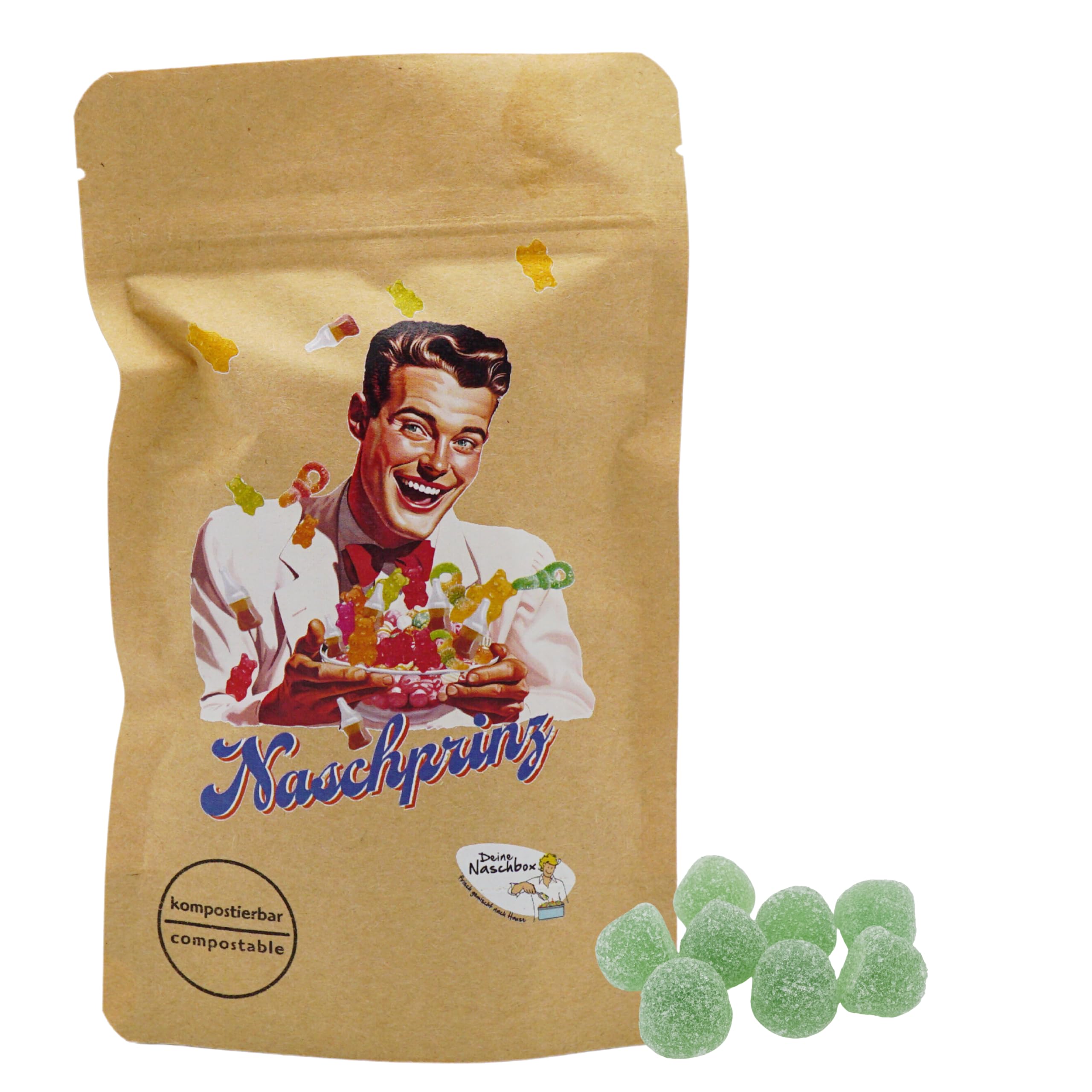 Deine Naschbox | Naschbeutel mit tollen Motiven | kompostierbar | Größe S | gefüllt mit 150g erfrischend minzigen Eukalyptus-Menthol Hütchen