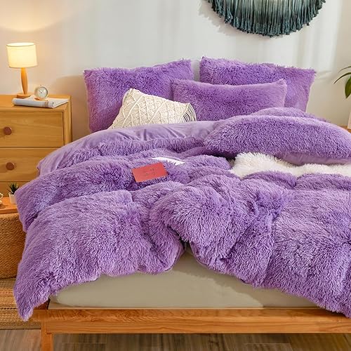 Miniatura 4 de Juego de funda de edredón de felpa morada esponjosa tamaño Queen  Juego de ropa de cama de felpa de pelo sintético morado de 3 piezas (1 funda de