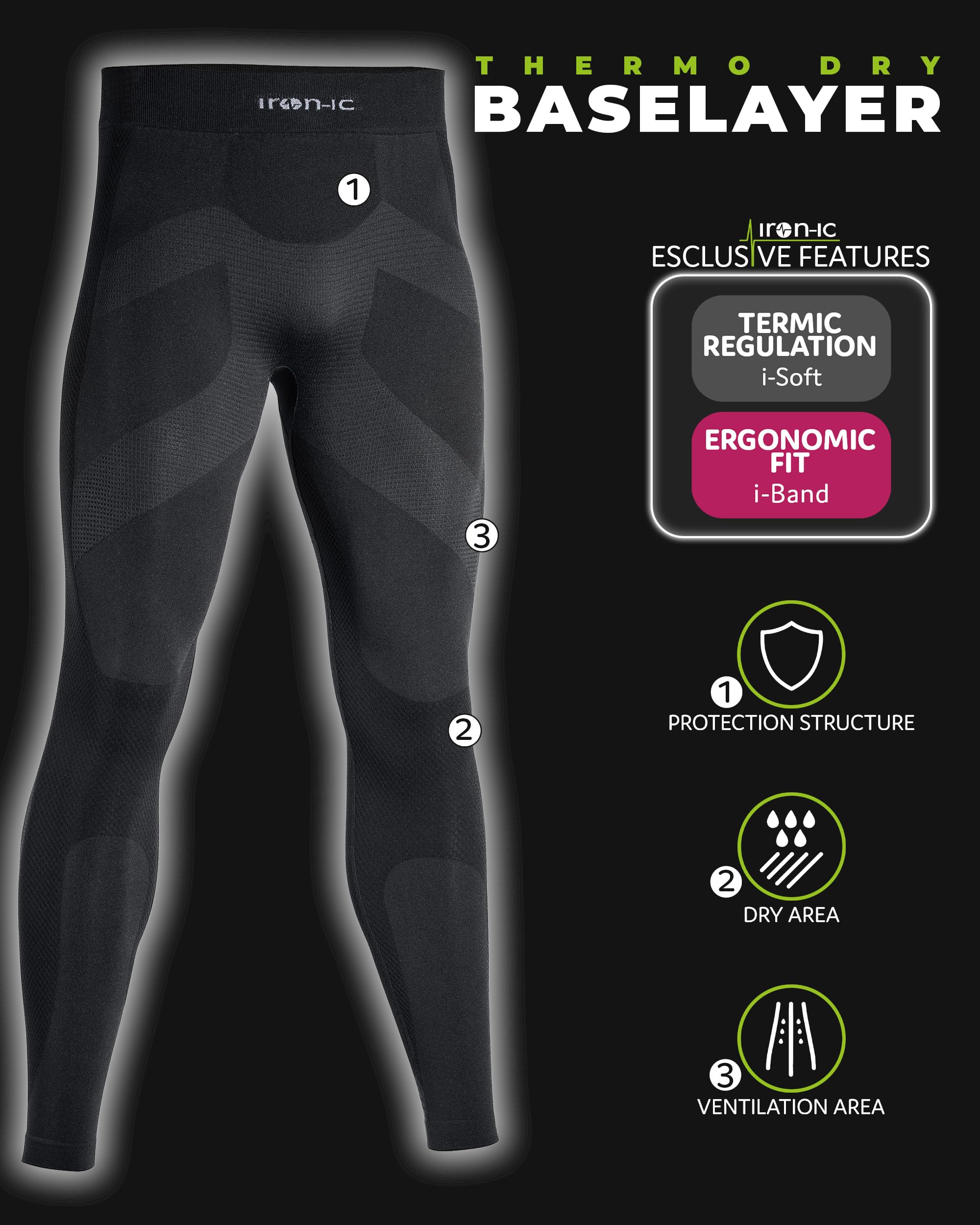 Iron ic - Leggings Homme Techniques Seamless Thermiques et Doux - Coupe Slim - Art. 600761 (Noir, XXL)