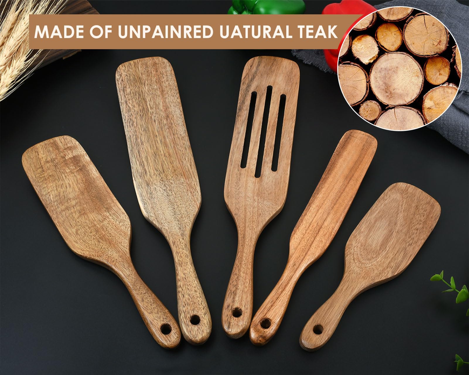 Juego de 5 cucharas de madera de teca, utensilios de cocina antiadherentes, colador de ensalada y hacer pasteles