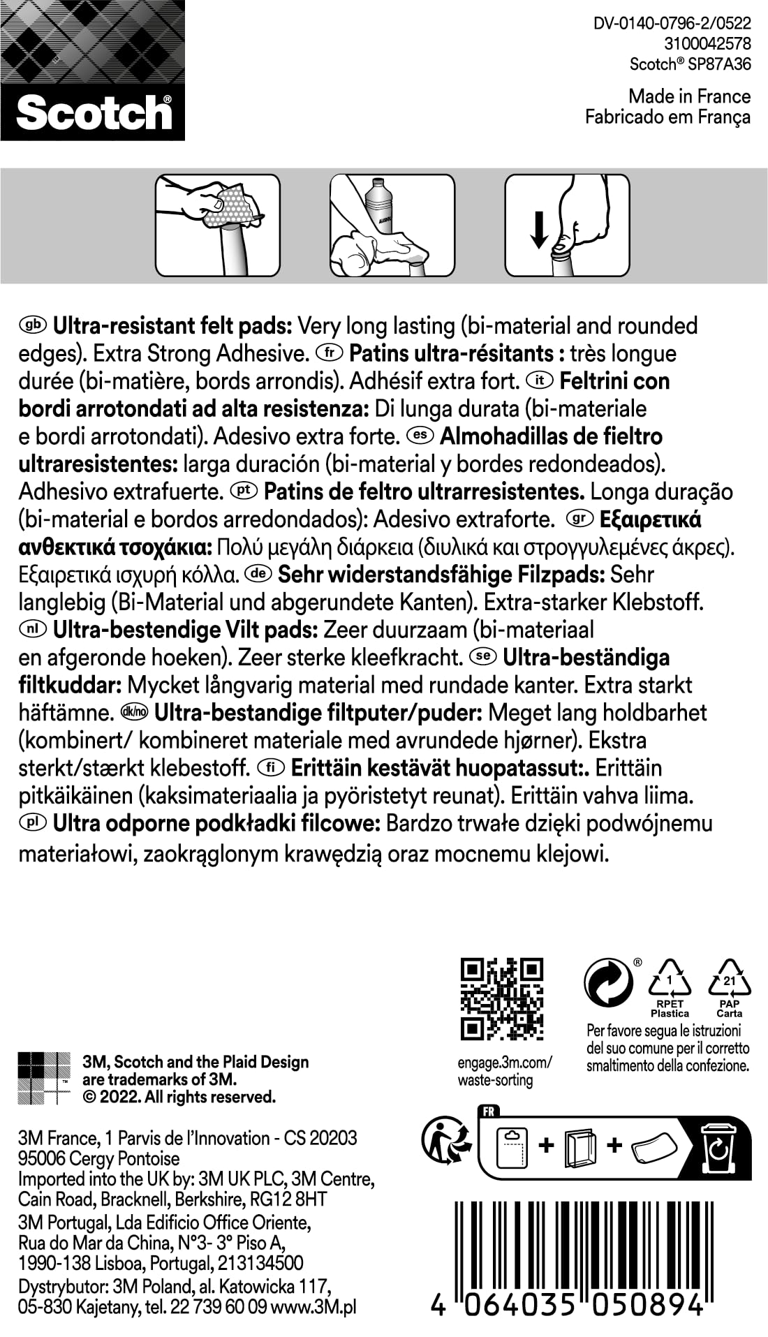 Scotch 0 x SP87A36 Ultra wytrzymałe podkładki filcowe, samoprzylepne, Ø 34 mm, opakowanie 4 szt., szare, białe