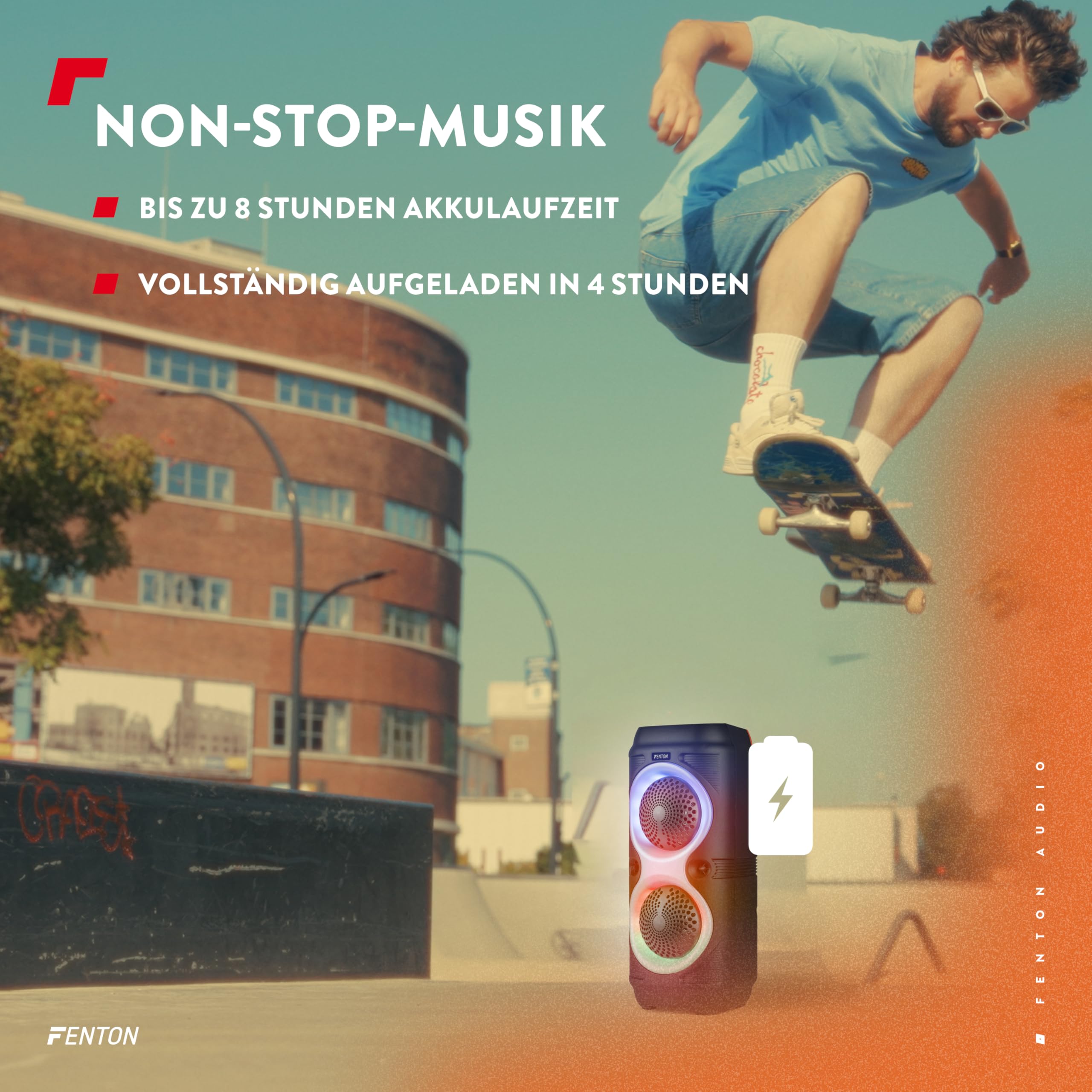 Fenton Track210 Bluetooth Lautsprecher – Party Musikbox 100 Watt mit LED Lichtshow, Akku 8 h, USB/microSD, Mikrofon Karaoke, Stereo-Paarung, tragbare PA Soundbox, Kabellose Partybox mit starkem Bass
