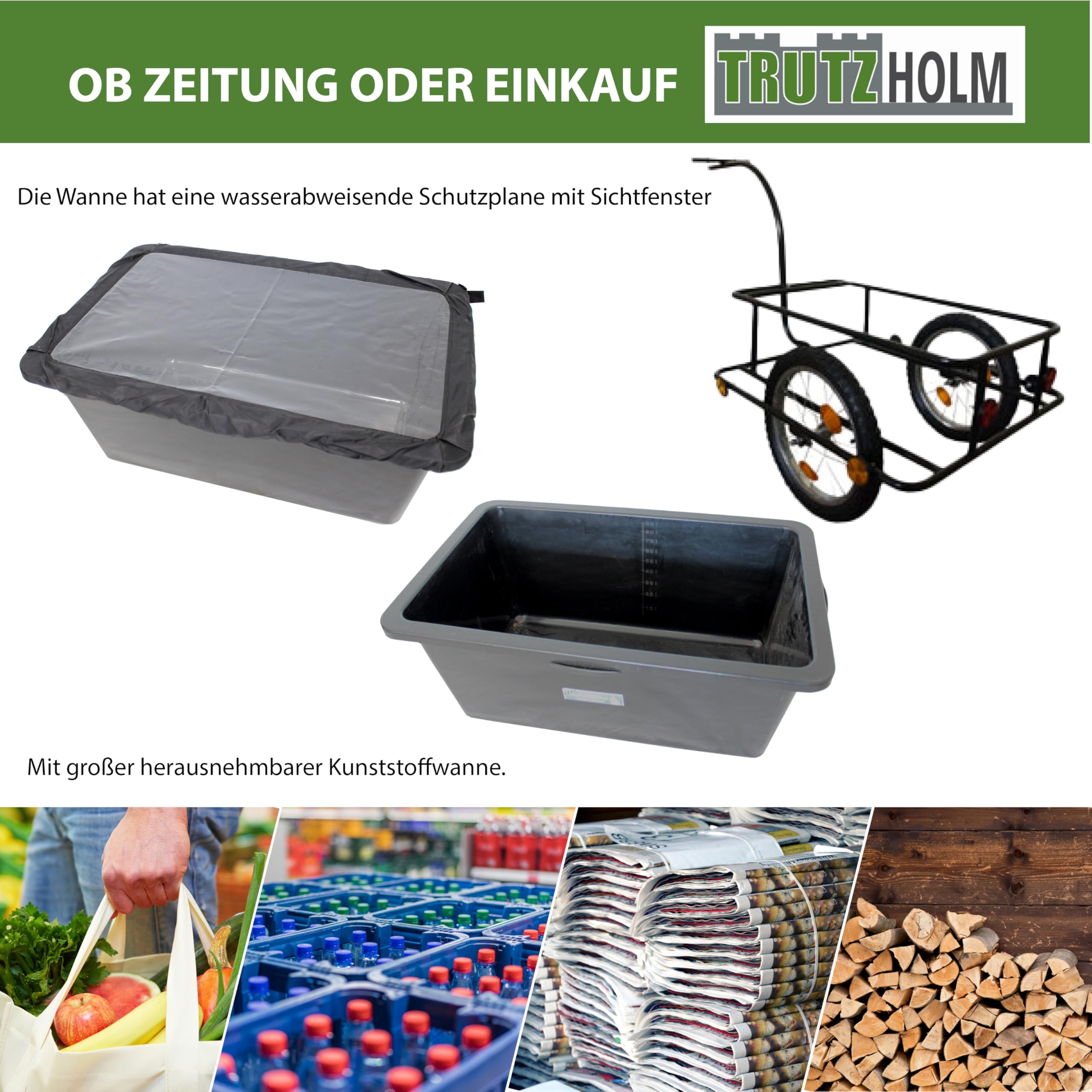 TRUTZHOLM Fahrradanhänger Lastenanhänger & Handwagen 90 Liter Transportanhänger mit Anhängerkupplung und Abdeckplane Kunststoffwanne herausnehmbar Fahrradwagen Trailer, Schwarz