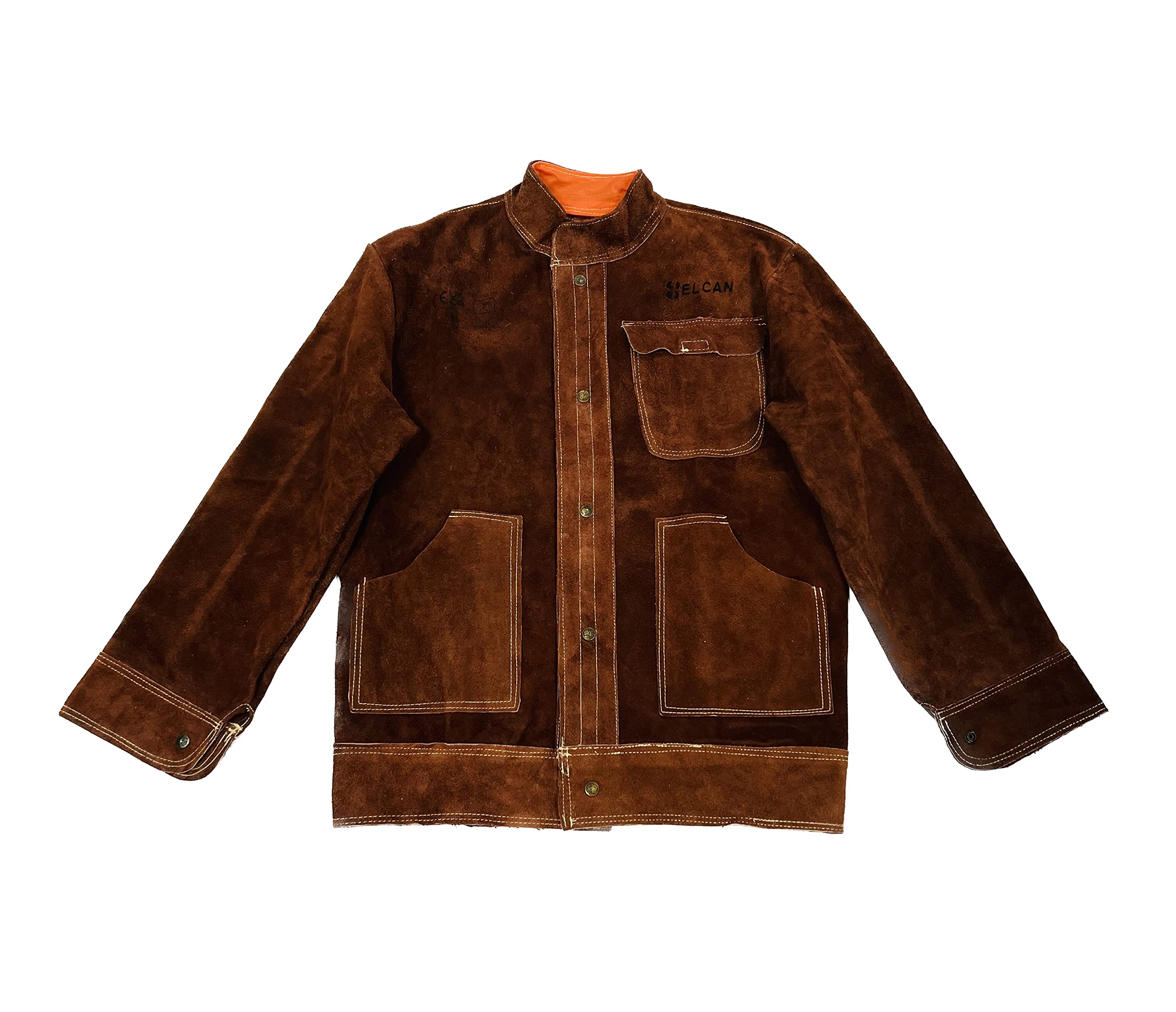 ELCAN Chaqueta de soldadura profesional de cuero marron ignífugo resistente al calor, ropa de trabajo para soldar electrodo, TIG, MIG, MAG, barbacoas, jardinería, chimeneas, hornos… (Talla XL)