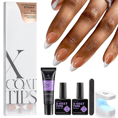 BTArtboxnails Kit de uñas de gel francesas Uñas a presión de punta francesa marrón mediana almendra XCOATTIPS punta preaplicada imprimación y capa