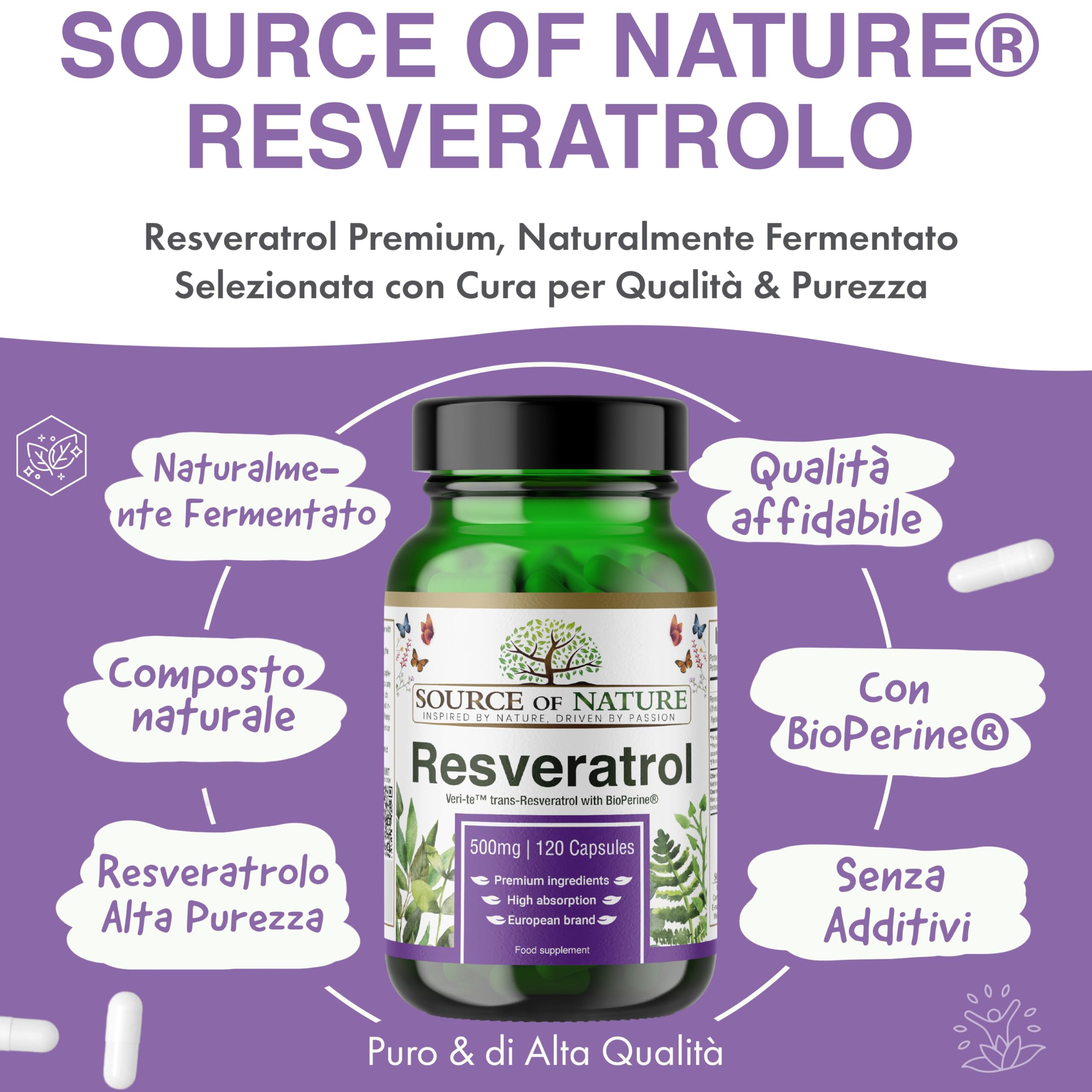Trans-Resveratrolo 500 mg | 120 capsule vegane | Alta dose | Purezza 98% | Fermentato naturalmente | Con piperina | Testato in laboratorio | Qualità premium