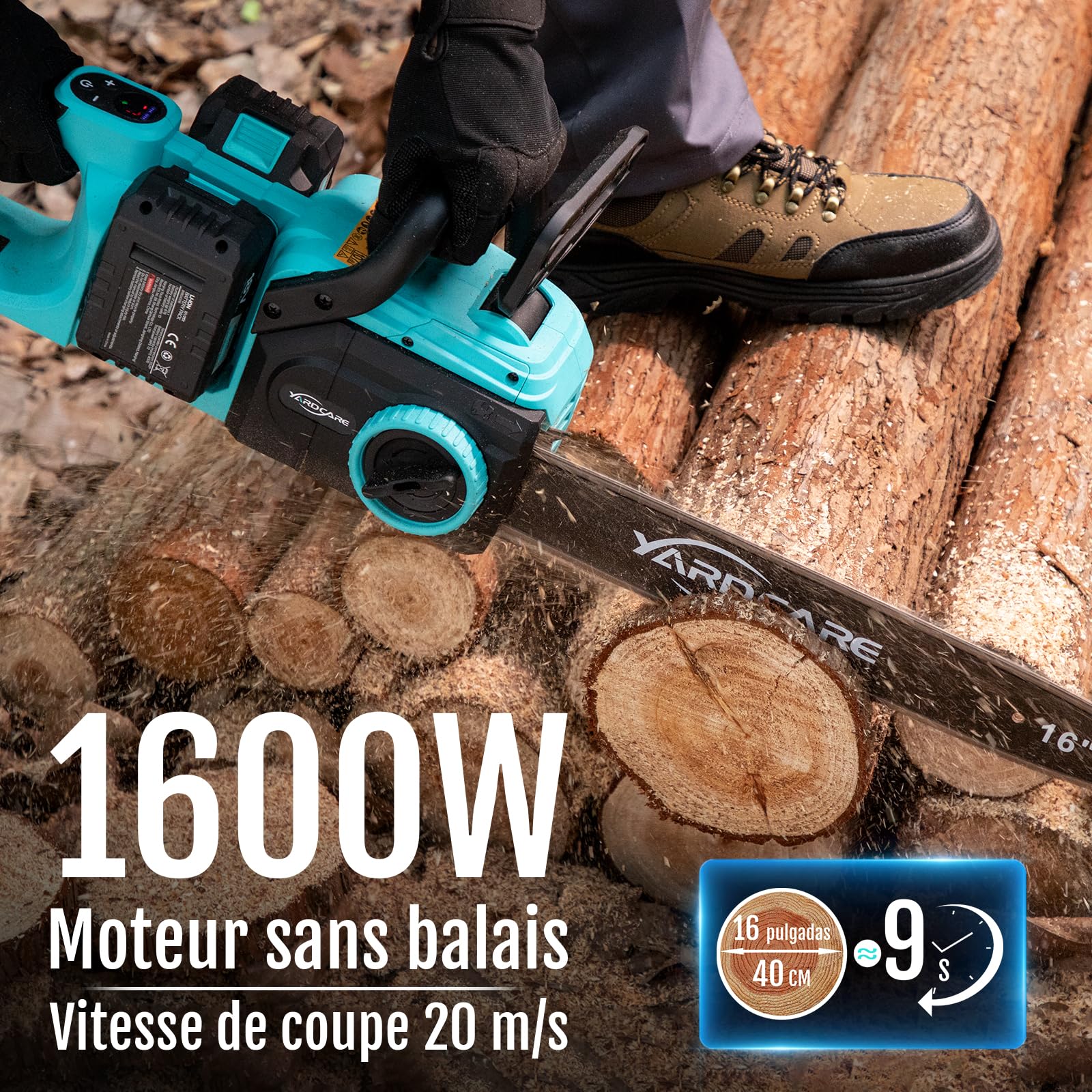 YARDCARE Tronçonneuse sans fil 16 pouces, moteur brushless 1600 W, vitesse de chaîne 21 m/s, avec écran LED et 2 batteries de 4 Ah, tension de chaîne sans outil et lubrification automatique