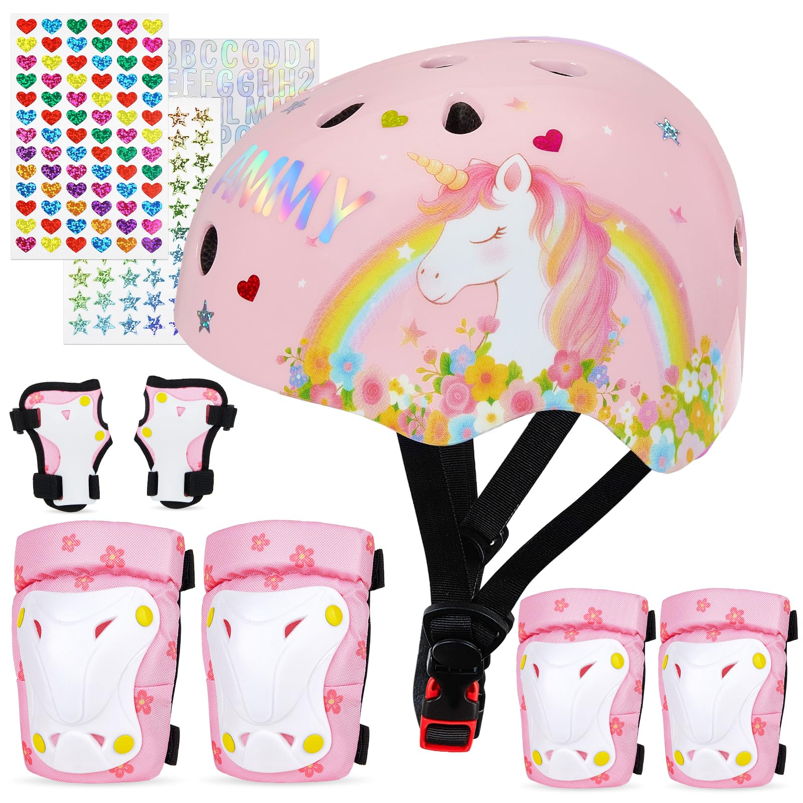 MHJY Kids Helmet and Pads Set with DIY Stickers Girls Bike Helmet Age 3-8 Years Unicorn Knee and Elbow Pads Adjustable Protective Gear for Children Cycle, Skateboard Scooter, Roller Skates