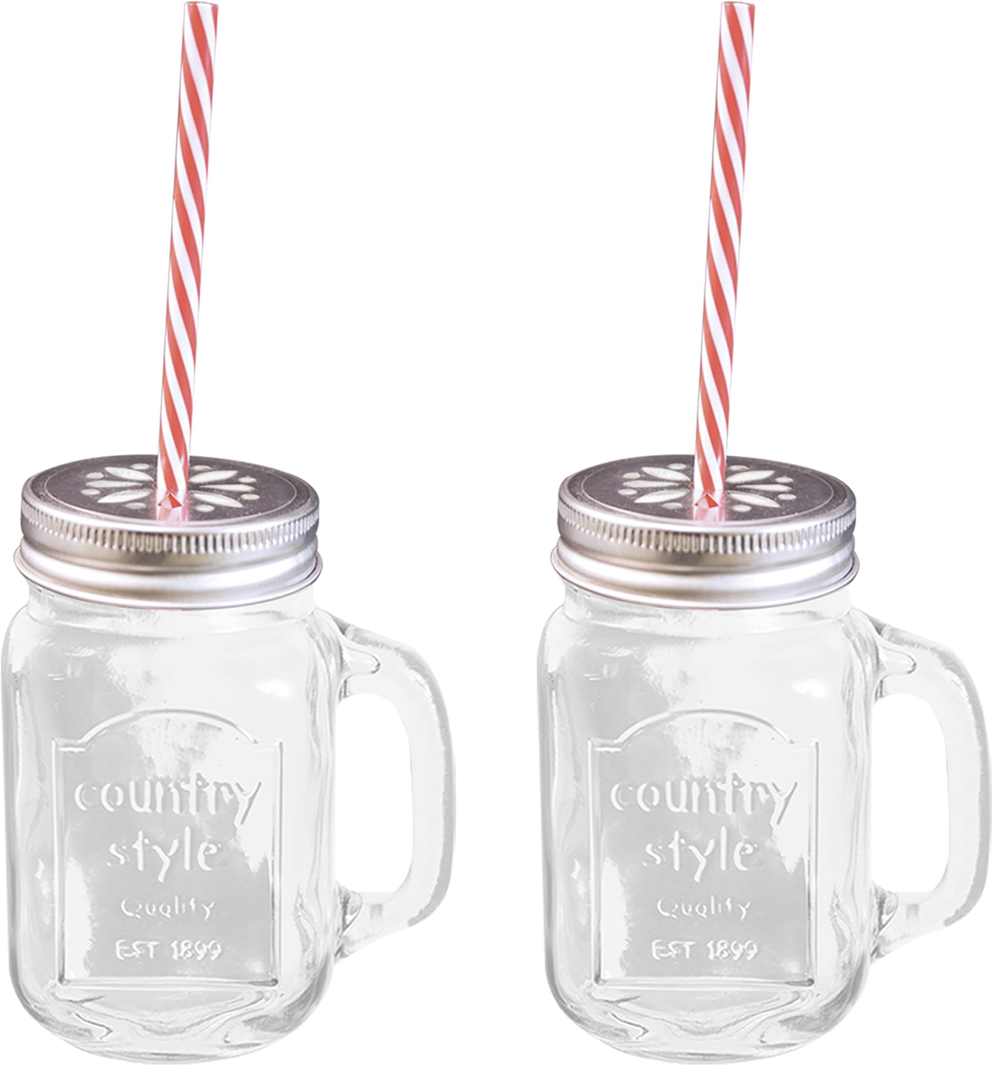 The Vintage Company Pack of 2 Clear Glass Mason Jars with Handles, Lids and Straws, 10x7x13 cm