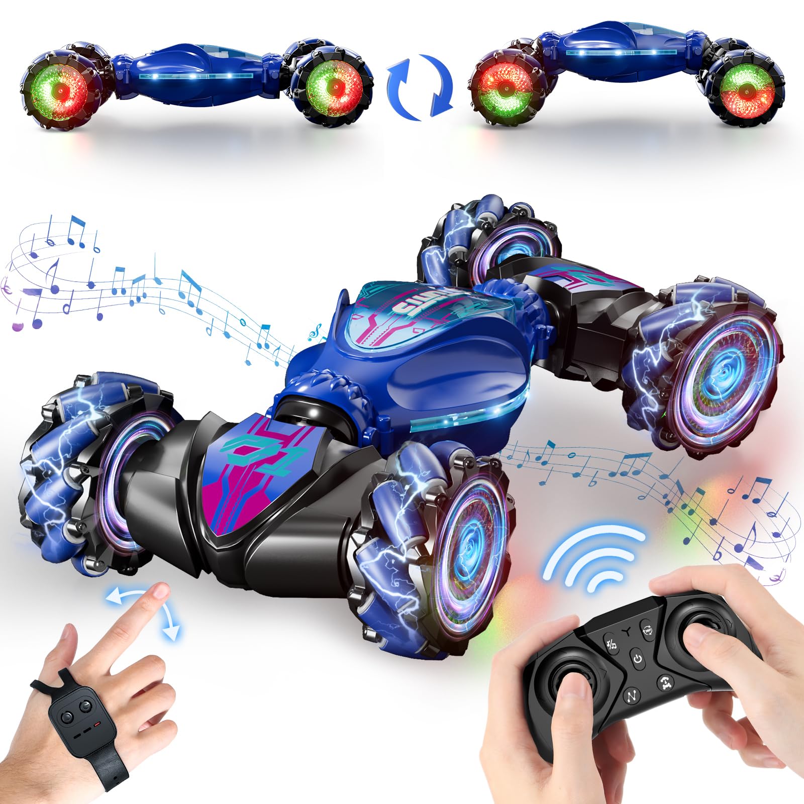 Gesture RC Car, 2.4GHz 4WD Gesture Sensing RC Stunt Car, Remote Control RC Car Toys, 360° Rotating Transform Off Road Rc Car with Lights & Music for Age 8+ Kids, Birthday Chirstams Party Xmas, Blue