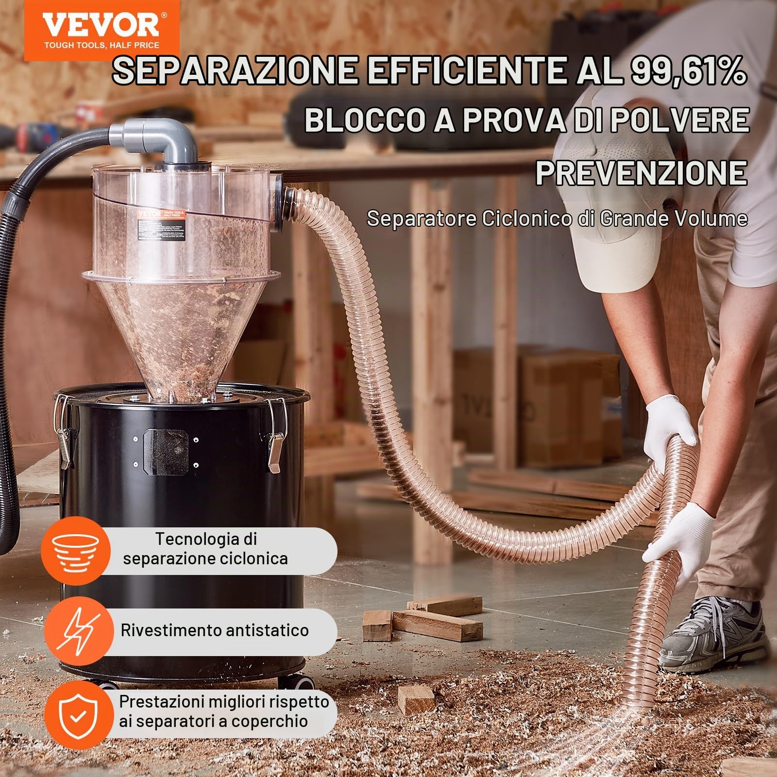 VEVOR Separatore di Polveri Ciclonico con Serbatoio in Metallo da 50 Litri, Aspiratore di Polveri Ciclonico in ABS, con Adattatore da 50 mm, Tubo da 2 m, per Aspirapolvere da Officina Umido/Secco