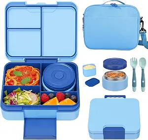 Kids Bento Lunch Box Set with 9.5oz Soup Thermo, Leak-Proof Containers, and Insulated Lunch Bag - Blue