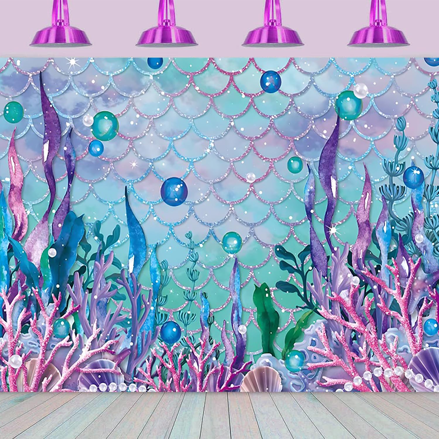 2.4x1.8m Telón de Fondo de Sirena bajo el mar púrpura corales Perlas Fotografía Fondo Chica Princesa Sirenita Cumpleaños Cake Mesa Decoraciones Banner Photo Booth Props