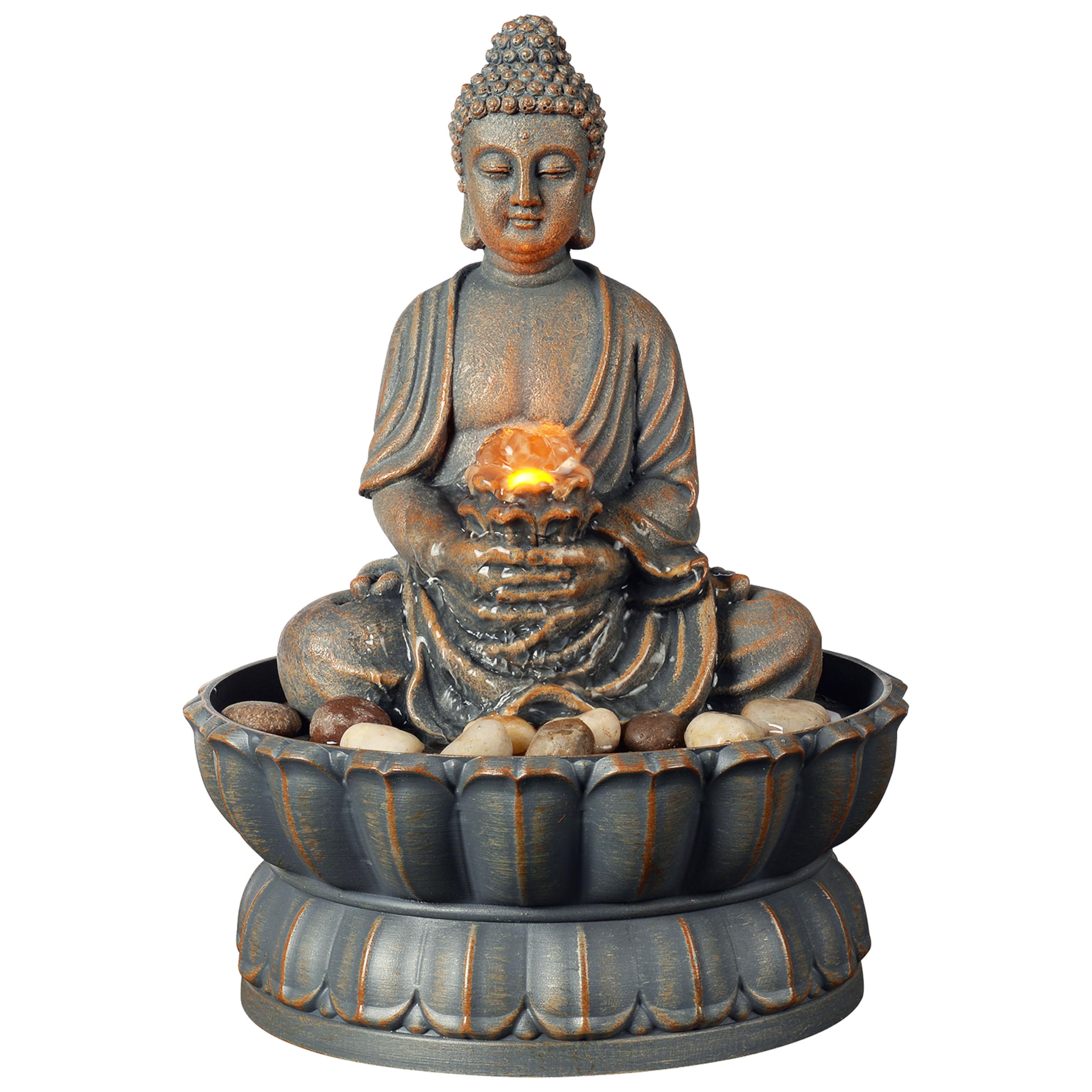 Kalona Home Décor 9.6" Tabletop Fountain Exquisite Smile Sitting Buddha Fountains Desk Water Fountain Decorative Zen Fountain w/Reflective Lighting/Cobblestone Office and Home Decor(21125A)