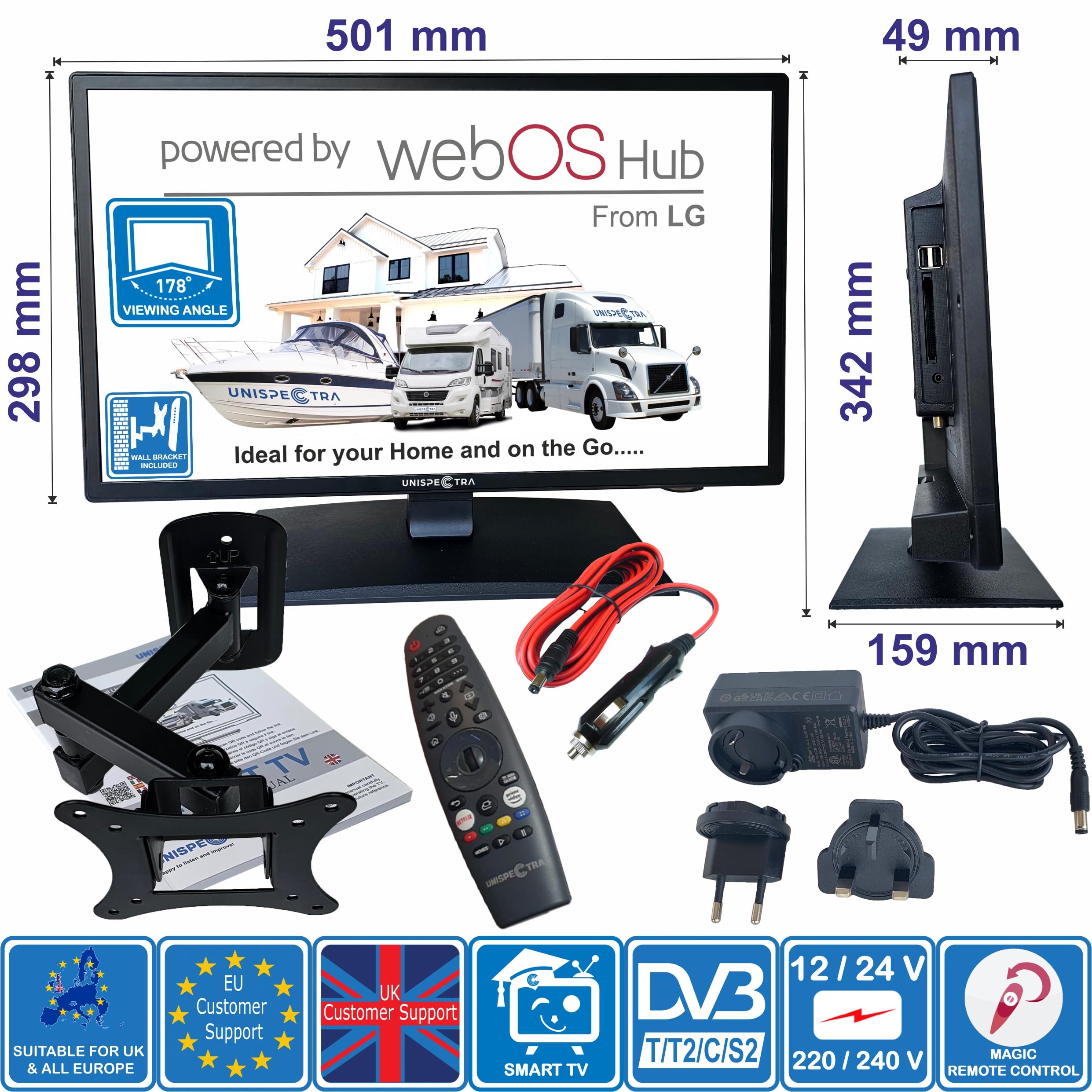 Unispectra ® 22“ Smart TV (webOS) mit Magic-Fernbedienung Full HD 230V 24V Triple Tuner: Satellit, Antenne, Kabel TV. 12V Fernseher für Wohnmobile, Wohnwagen, LKWs, Boote
