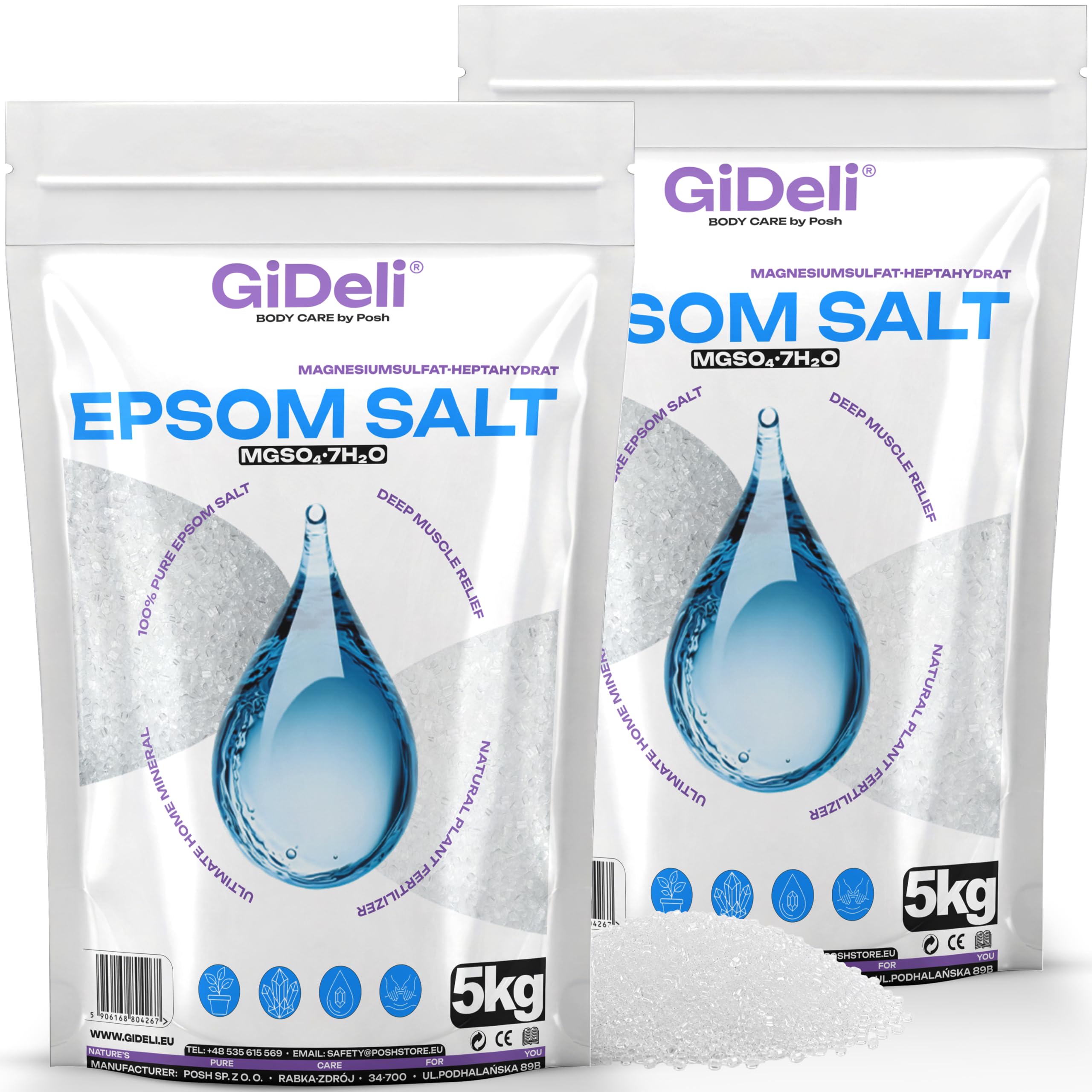 GiDeli Epsom sól do kąpieli Sól Epsom 2 x 5 kg sól epsom siarczan magnezu gorzka sól siarczan magnezu czysty siedmiowodny, jakość farmaceutyczna. (10kg)