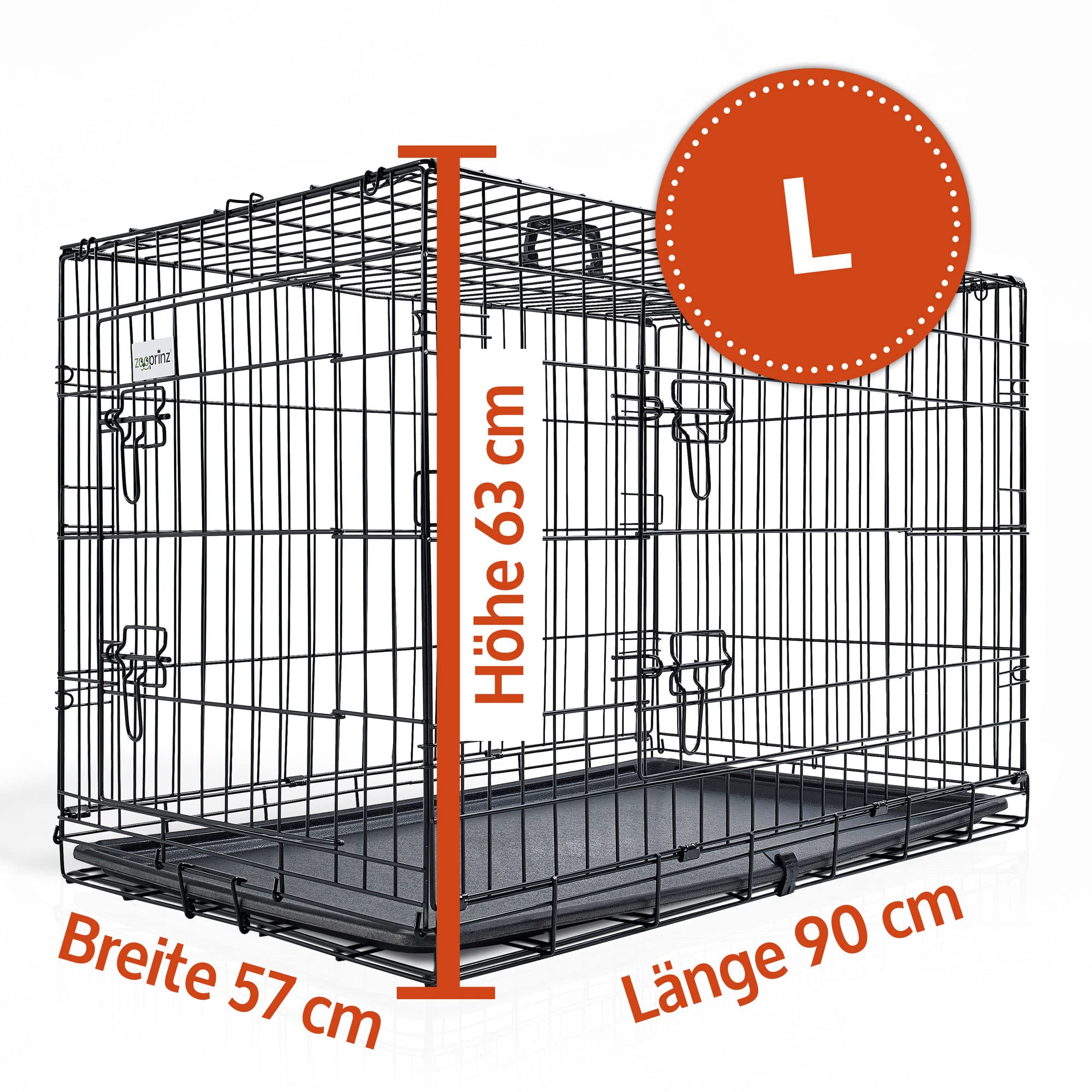 zooprinz Faltbare Hundebox L 90x57x63 cm mit 2 Türen | Aus stabilem Eisen, mit Bodenschale und Transportgriff, faltbar, in 4 Größen verfügbar