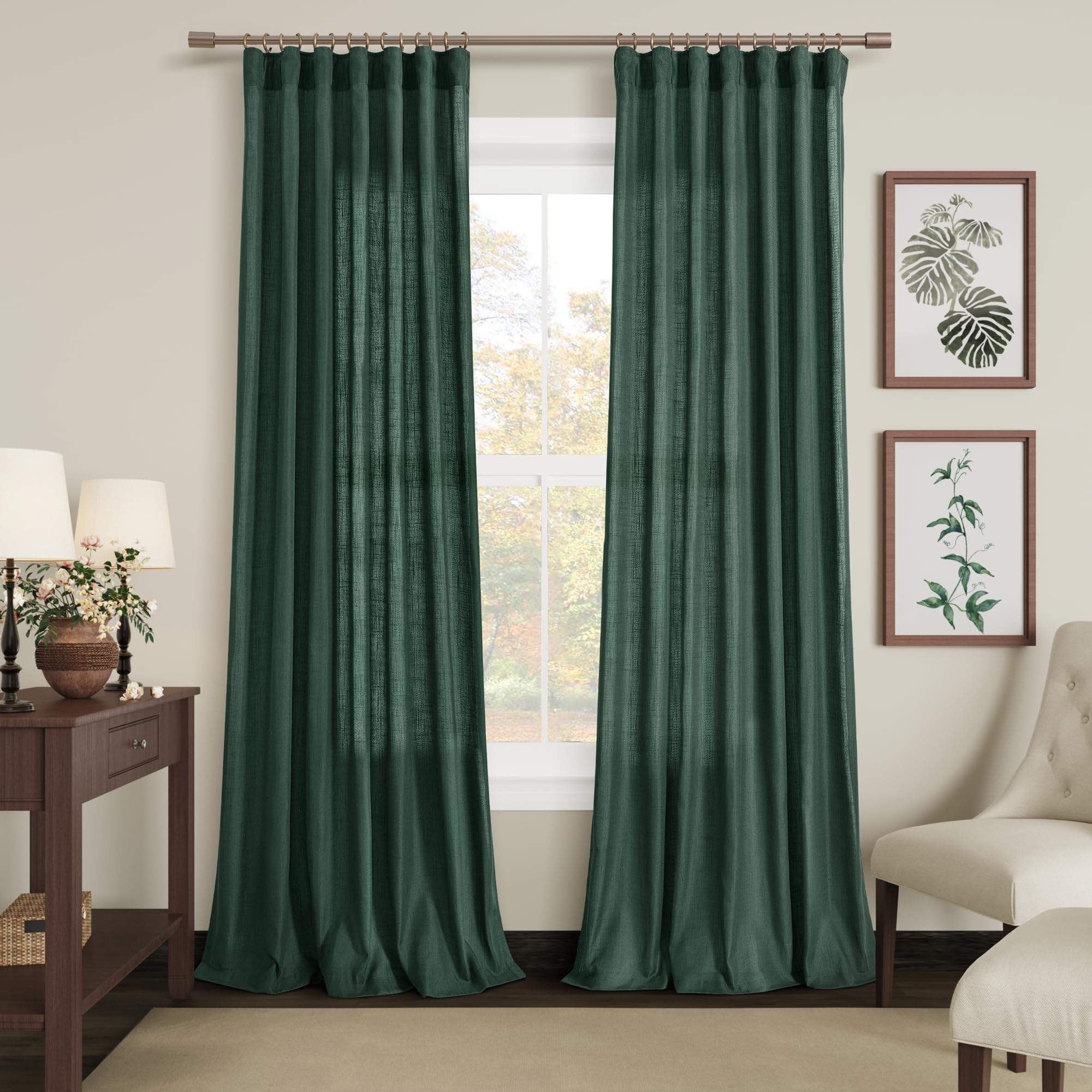 Joywell Green Linen Sheer Curtains for Living Room 2 Panels Set 84 Inch Length Boho Back Tab Hooks Long Window Treatments Curtain Drapes Aesthetic Neutral Boho Dining Room Bedroom Decor