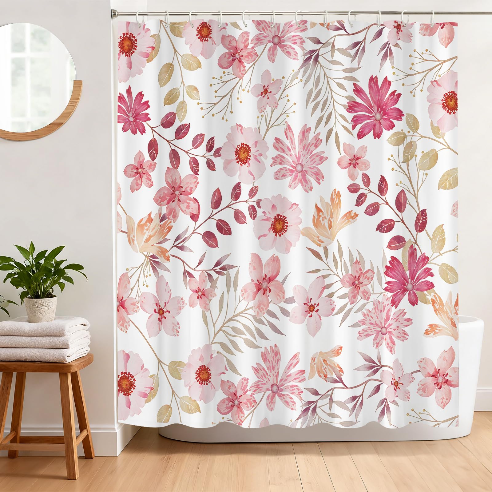 BREASOME Pinkl Floral and Leaves Shower Curtain 180 x 180 cm for Bathroom