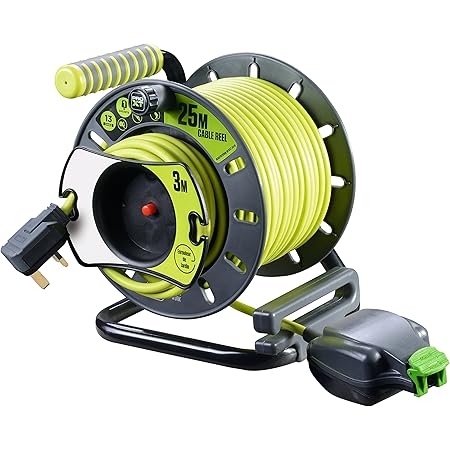 Masterplug OMU2513FL3IP-PX Pro-XT Reverse Open Cable Reel with Single In-Line Weatherproof Socket, 25 Metres with 3 Metres Reverse High Visibility Cable, Green