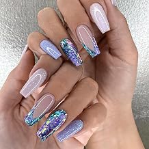 V French Tip Press on Nails Coffin Fake Nails with Designs Glossy Ballerina False Nails Glitter Purple Nails Press on Acrylic Nails Luxury White Glue oin Nails Bling Stick on Nails for Women 24 Pcs