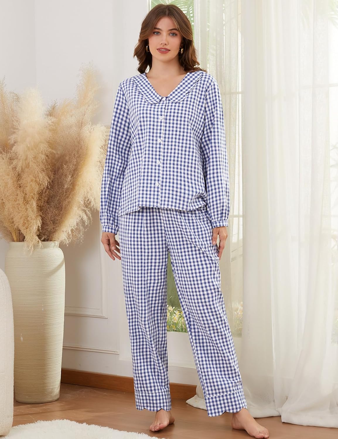 Kissonic Womens Gingham Pajama Set 2 Piece Scalloped Edge Plaid Babydoll Pjs Long Sleeve Cotton Sleepwear Lounge Set - Image 2