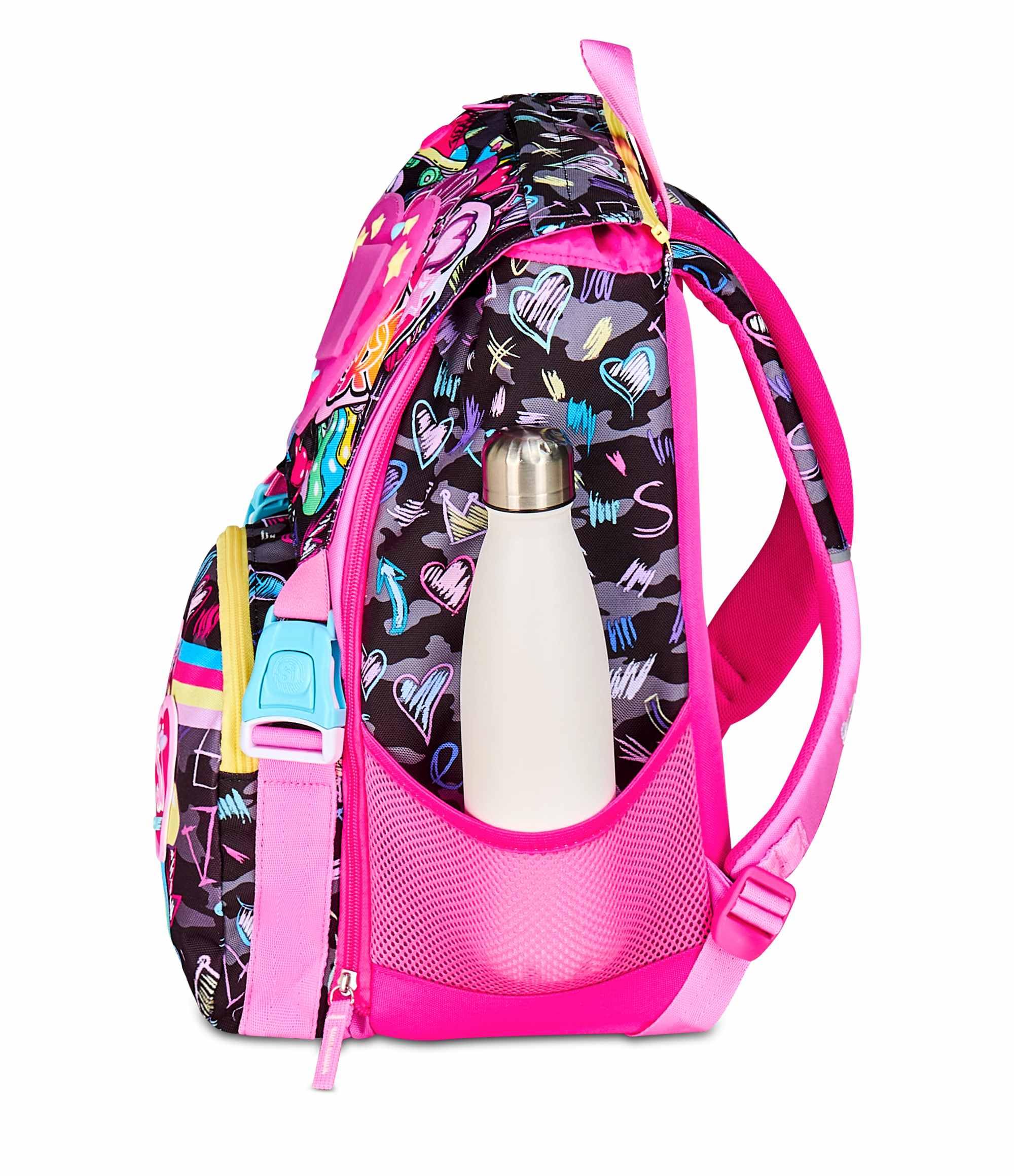 SJ GANG STYLE JAM GANG Zaino Scuola Estensibile Big, Fucsia, Zaino con Divisorio Interno, Tasca Superiore con LED Cuore, Tasca per Borraccia, 24 L, Zaino Scuola Elementare, Zaino Bambina
