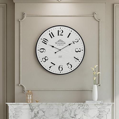 3More Reloj de pared grande de 24 pulgadas, silencioso, funciona con pilas, con marco de hierro forjado redondo, reloj colgante de madera de