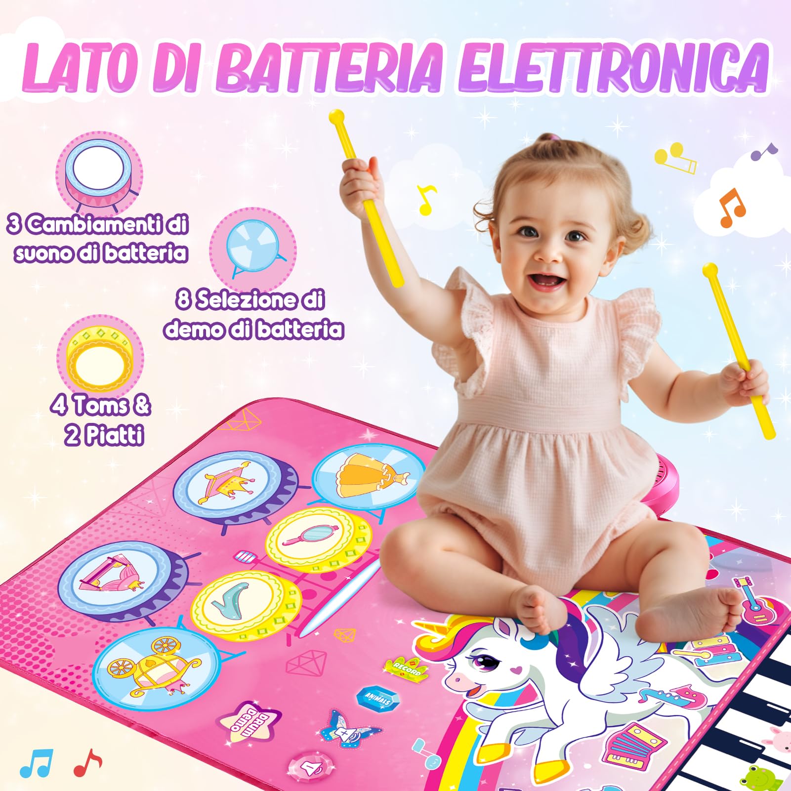 Dromlag Giochi Bambina 1 Anno, Tappeto Musicale 3 in 1 con 6 Strumenti E Registrazione Unicorno Regalo Gioco Bambina 1-3 Anni, Giocattoli Giochi Sensoriale Regalo Bimba 1-3 Anni