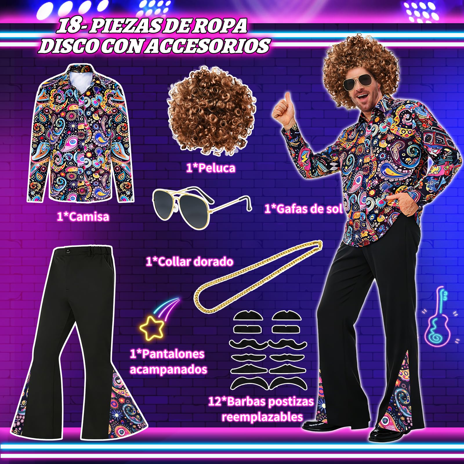 PATEMZON Disfraz de los años 70 para Hombre, Camisa hawaiana, Disfraz Hippie para Hombre, Pantalones de Bateo, Peluca, Cinturón, Gafas, Barba y Cadena de Oro, Disfraz Hippie de Carnaval
